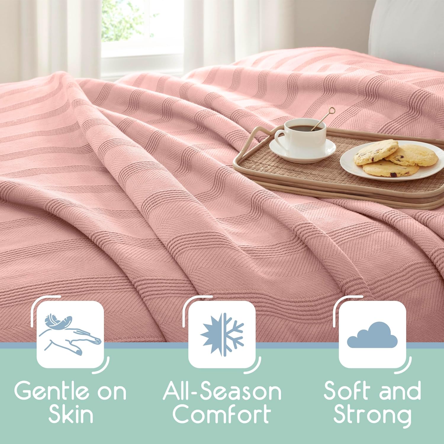 Full/Queen Size 100% Cotton Blanket | Super Soft Breathable Lightweight Throw Blanket | All-Season Knit Blanket | Versatile Hotel Luxury | Easy Care Full Size Cotton Blanket | Oeko-Tex Blanket | Pink - Image 3