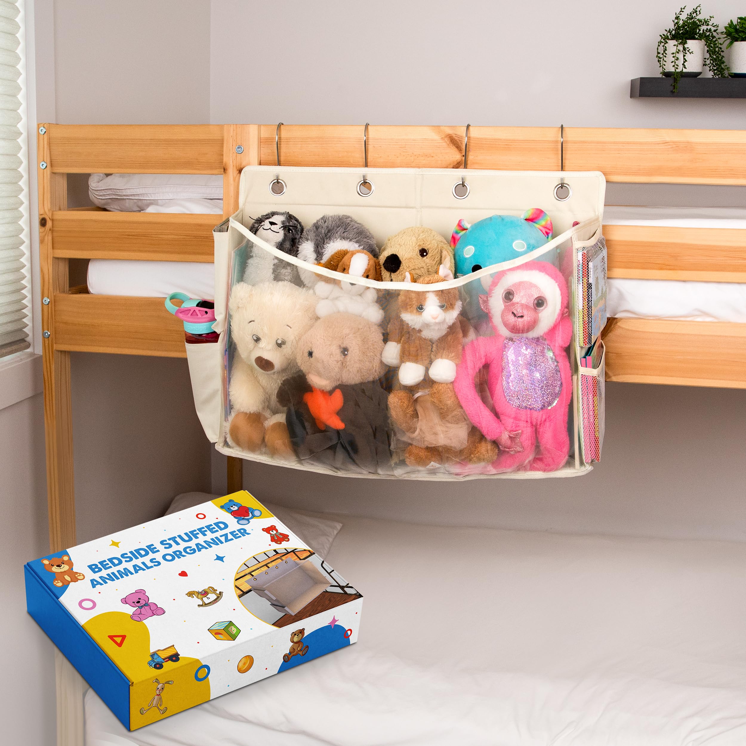 Bedside Stuffed Animal organizer -Space-Saving Stuffed Animal Holder with Large Capacity- Squishmallow storage with Extra Pockets, Stuffy organizer with Reinforced sides- plushies holder - bed caddy