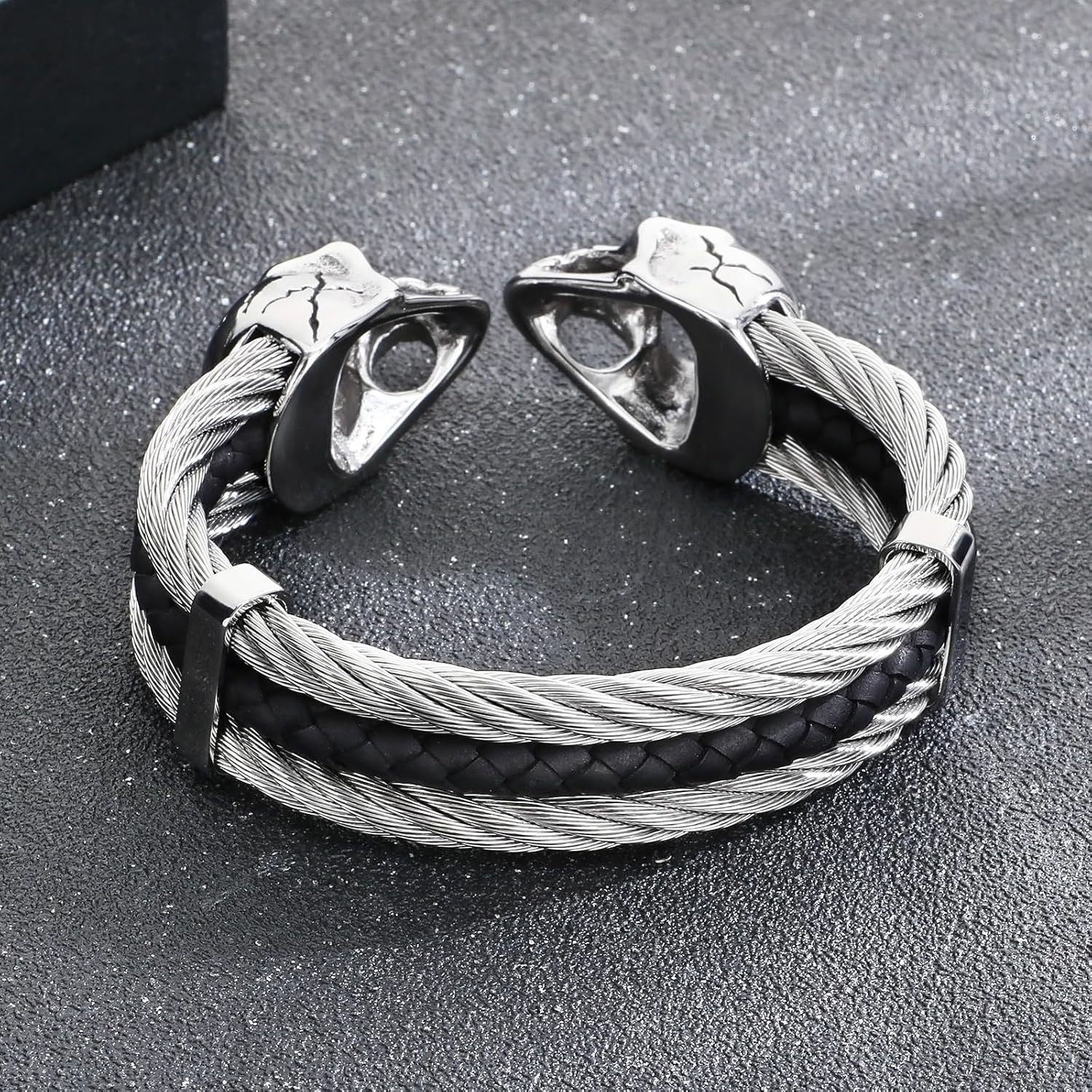 Men's Gothic Skull Bracelet Stainless Steel Cable and Leather Punk Silver Black Bangle, Open Cuff Design for Biker Rocker Gothic Jewelry - Image 3