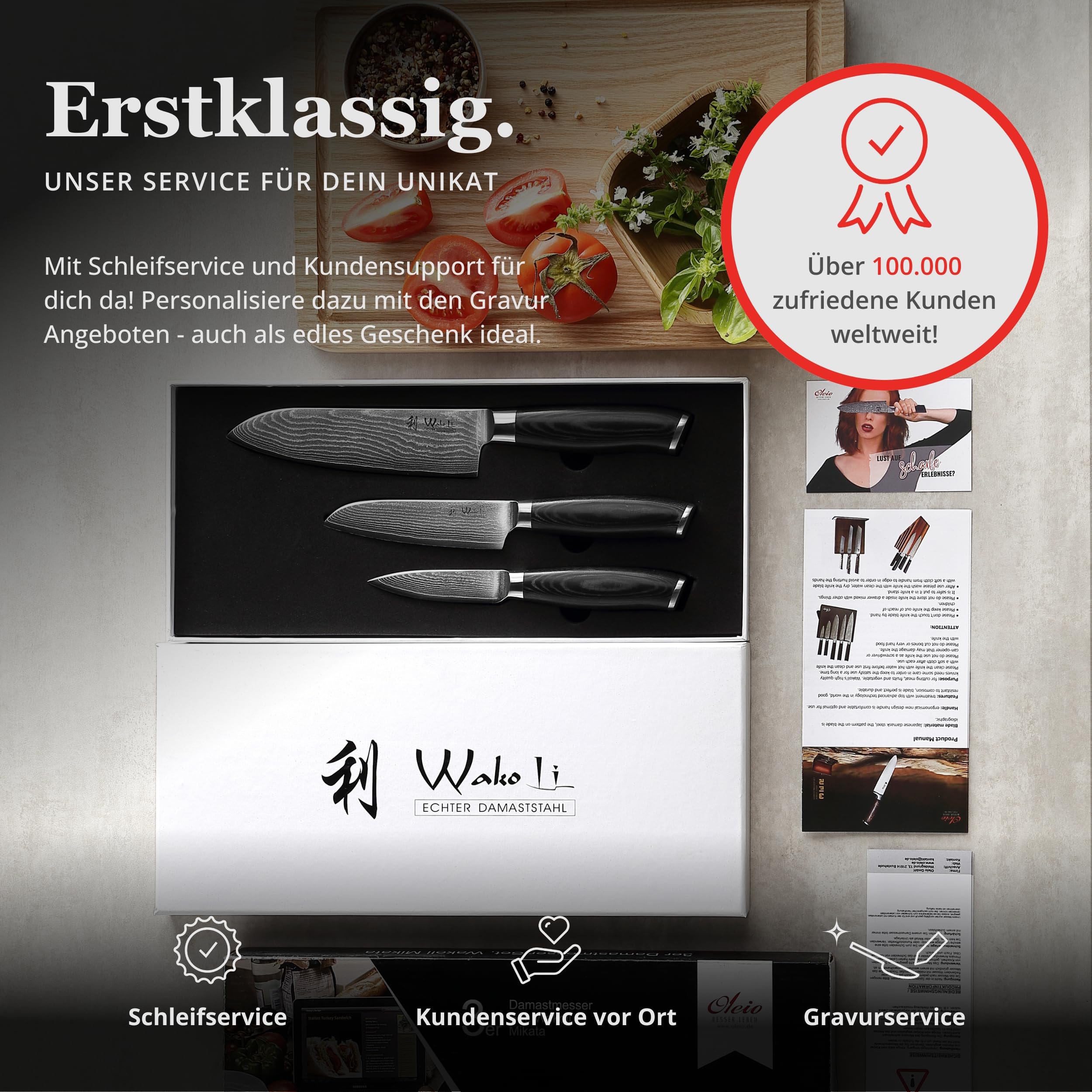 Wakoli Mikata 3-teiliges Messerset aus 67 Lagen Damaststahl mit VG10 Kern | Santoku, kleines Santoku und Officemesser; Micarta-Griffe, Geschenkbox, beidseitiger V-Schliff, für Fleisch, Fisch und Gemüse