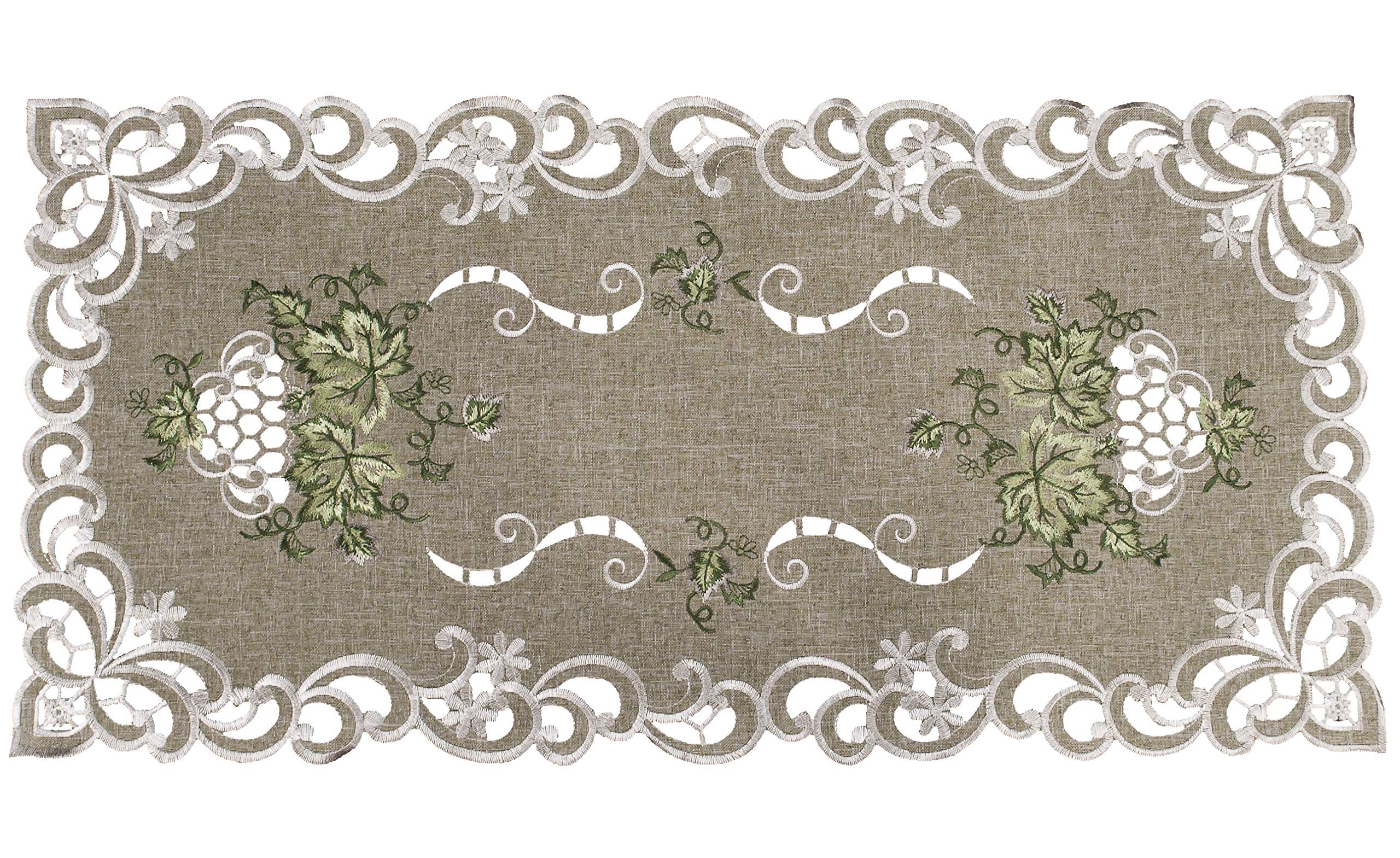 Embroidered Green Leaf on Antique Green Fabric Table Runner, Dresser Scarf, Coffee Table Doily (14Wx27L)