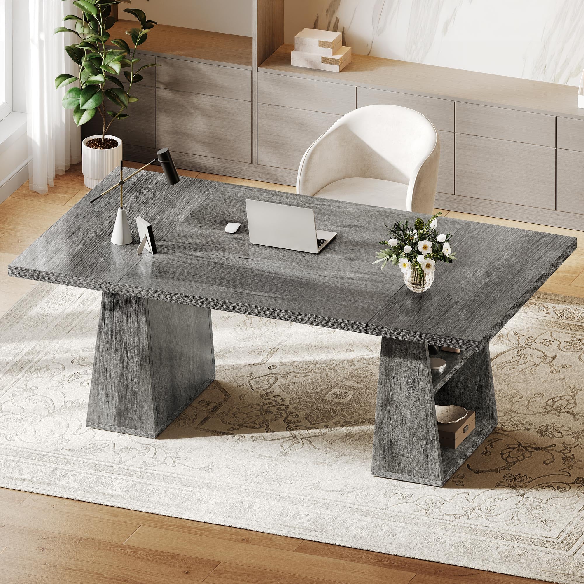 YITAHOME 63" Executive Desk, Large Office Desk Computer Desk with Double Pedestal and Storage Shelves, Wood Simple Workstations Writing Table