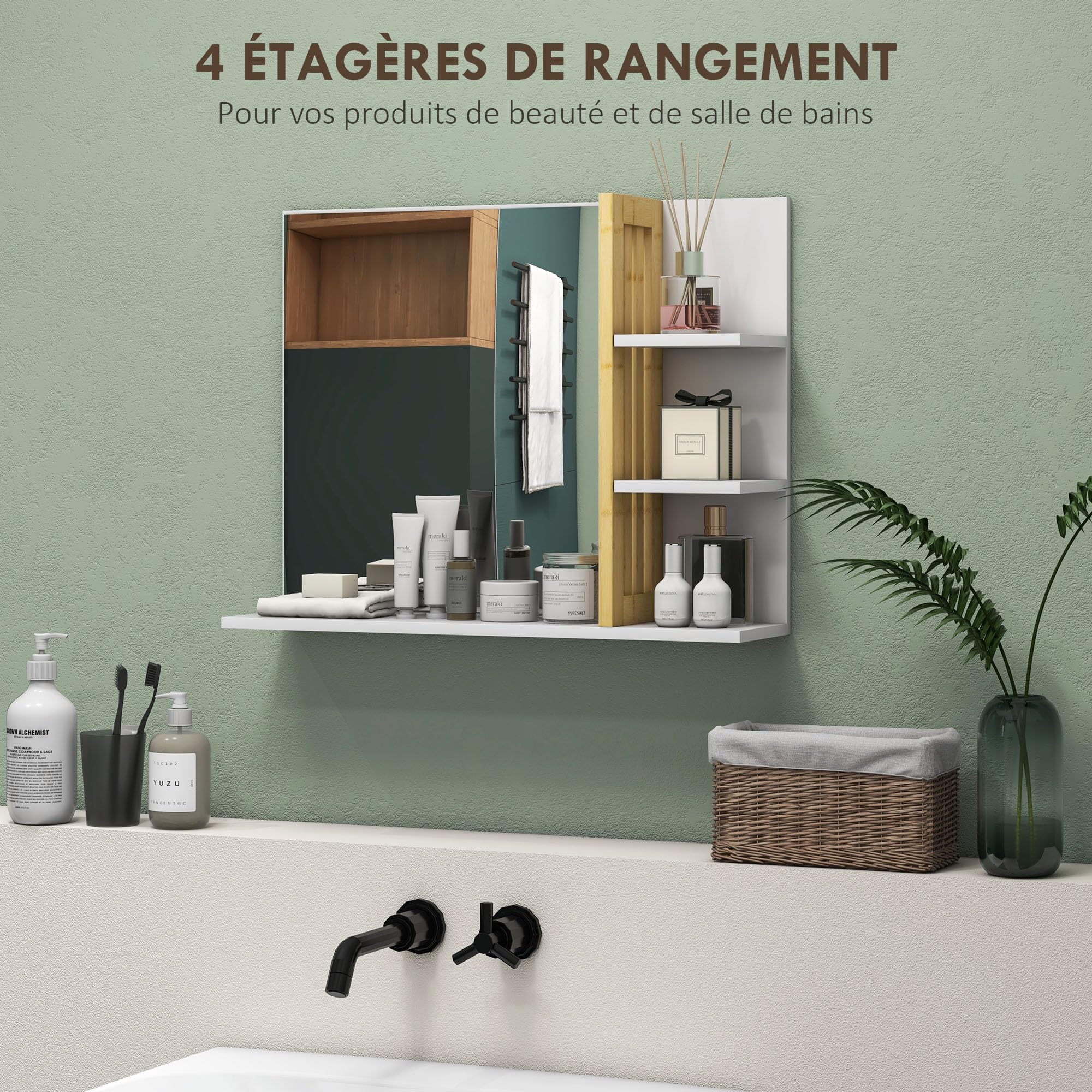 HOMCOM Miroir Mural de Salle de Bain avec étagères de Rangement - 3 étagères latérales + 1 étagère inférieure - Bois de Bambou Blanc