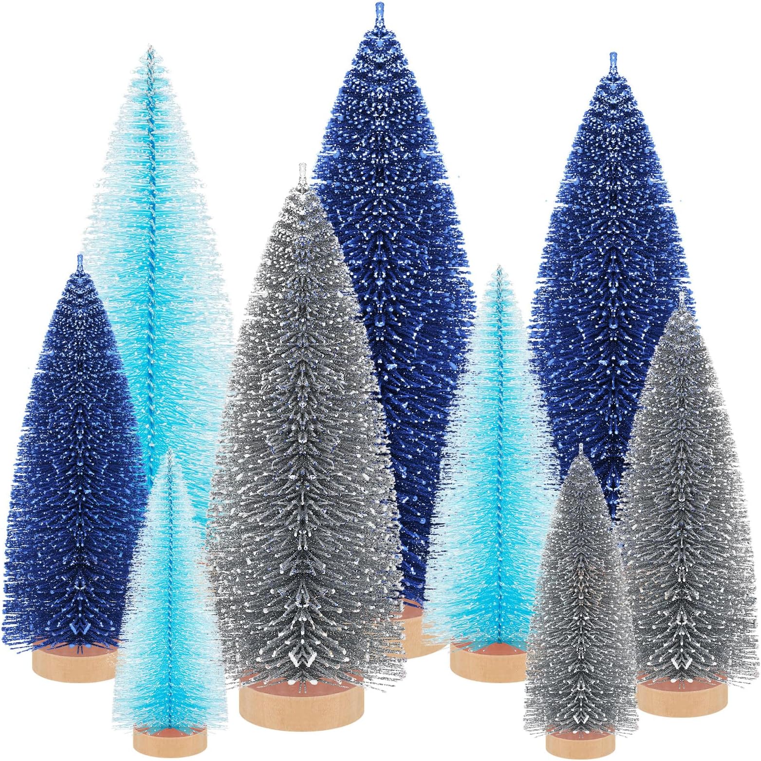 Leyndo 9 Pcs Blue Color Mini Sisal Bottle Brush Trees Small Artificial Christmas Tree with Wood Base Christmas Pine Decor for Winter Home Table Party Decor