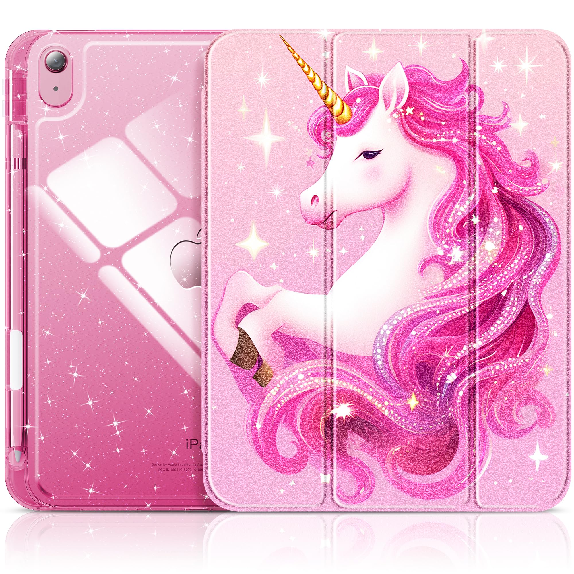 INFILAND Compatible with iPad A16 11th Generation 11 Inch 2025 Case, iPad Case 10th Generation 10.9 Inch, Glitter Cover with Sparkly Clear Back, Pencil Holder, for Kids Girls (Pink Unicorn Dream)