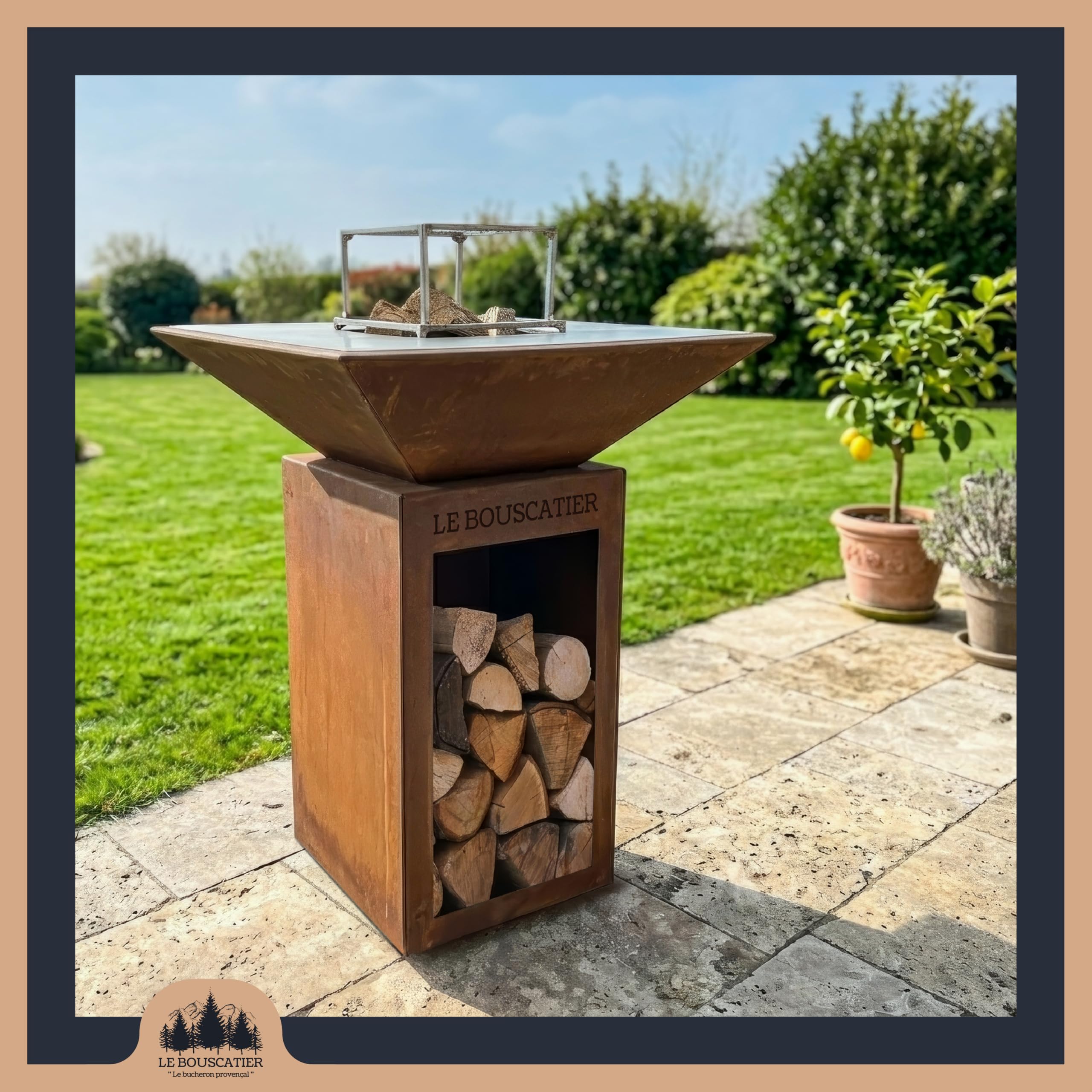 Brasero Plancha Acier Corten Barbecue Exterieur avec Rangement Bûches Grille Cuisson Stop Food Inclus