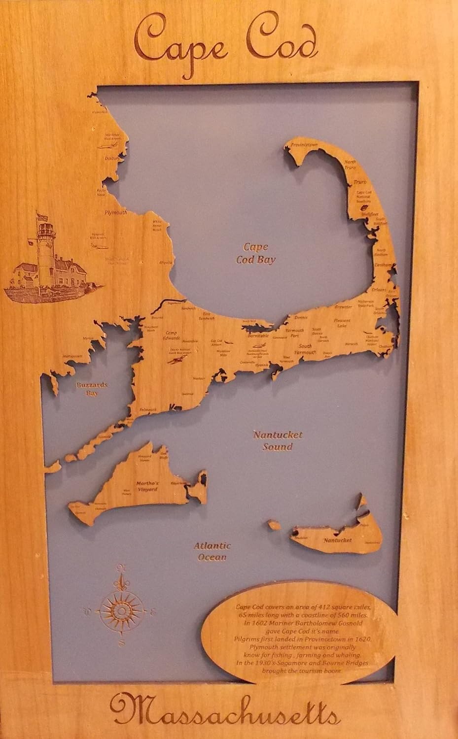 Wood Map Wall Hanging Cape Cod Massachusetts (Standout 15 x 23 Medium) Office