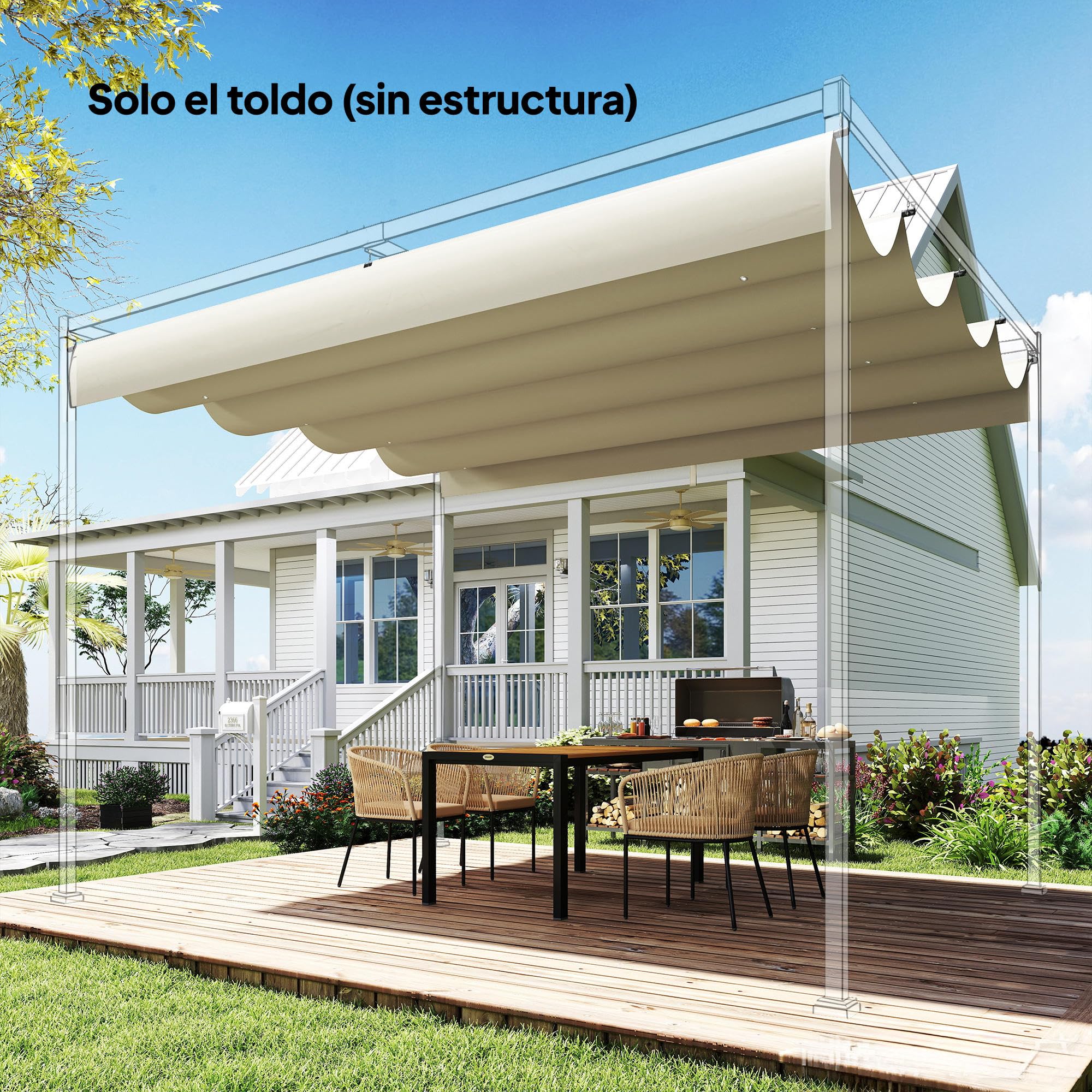 Outsunny Techo de Pérgola 4 x 3,5 m, Techo de Repuesto Retráctil para Marco de Pérgola de 4x3 m, UV30+, Toldo de Tela Solo para Cenador Jardín con 8 Orificios de Drenaje, Blanco Crema — view 9