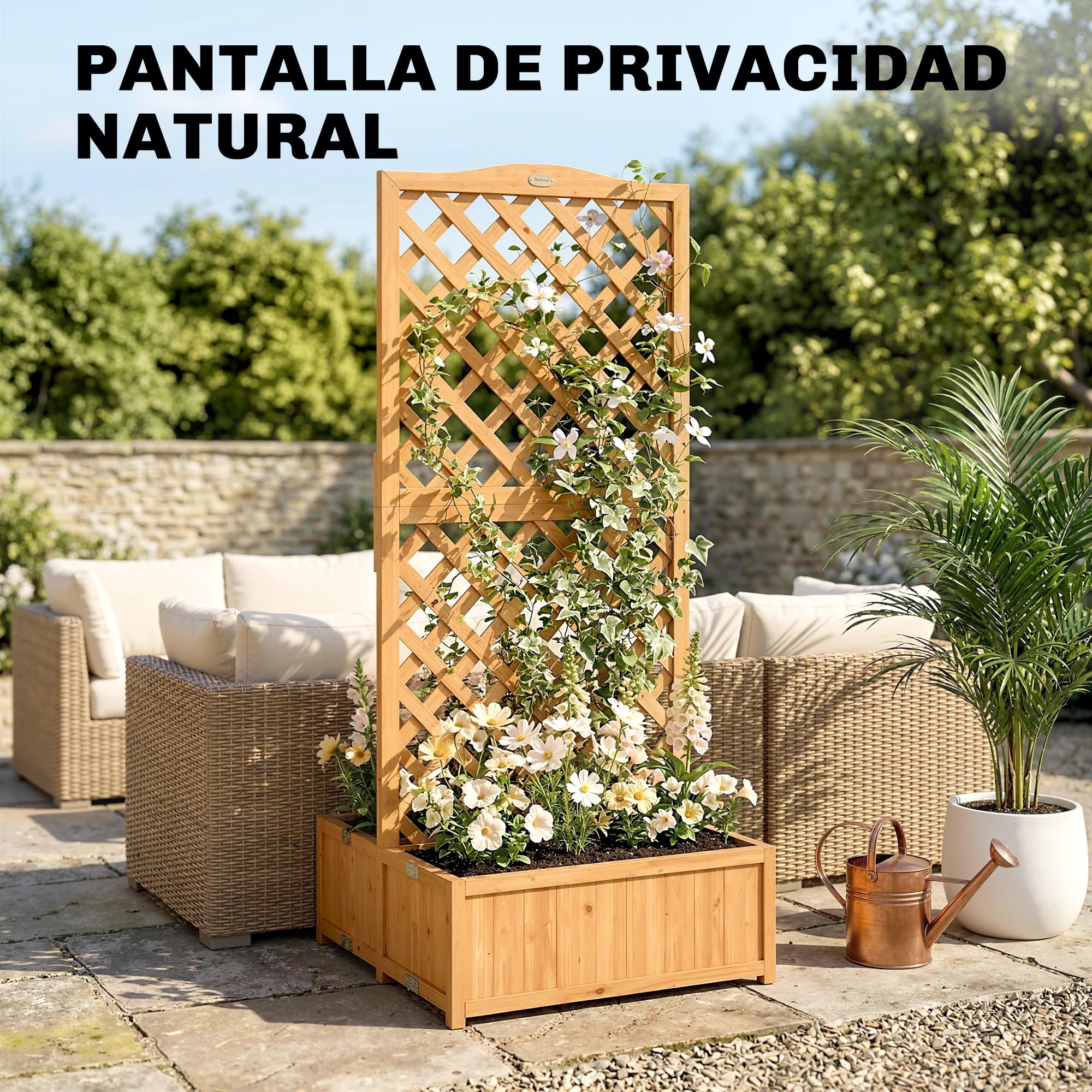 Outsunny Jardinera con Enrejado de Madera, Jardinera Exterior Grande para Plantas Trepadoras, con 2 Cajas Plegables, Base de Listones, Macetero Elevado para Patio, Terraza, 73x70x170 cm, Natural