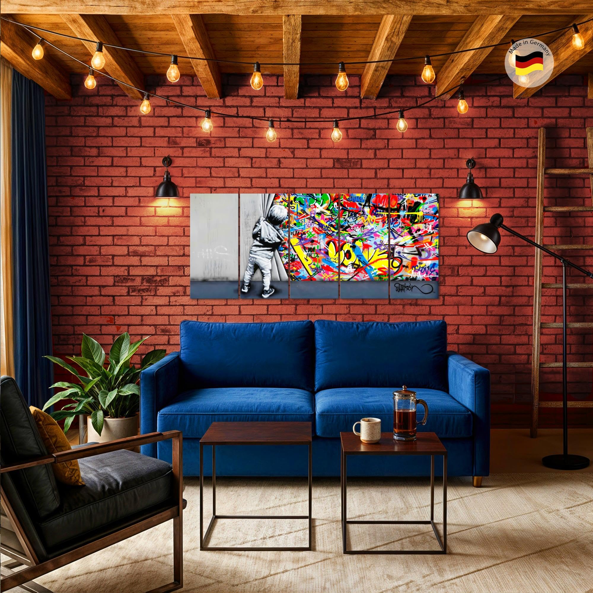 Runa Art Tableau Decoration Murale - XXL 200 x 80 Cm - Behind the Curtain Graffiti - 5 Parties - Street Art - 043555a