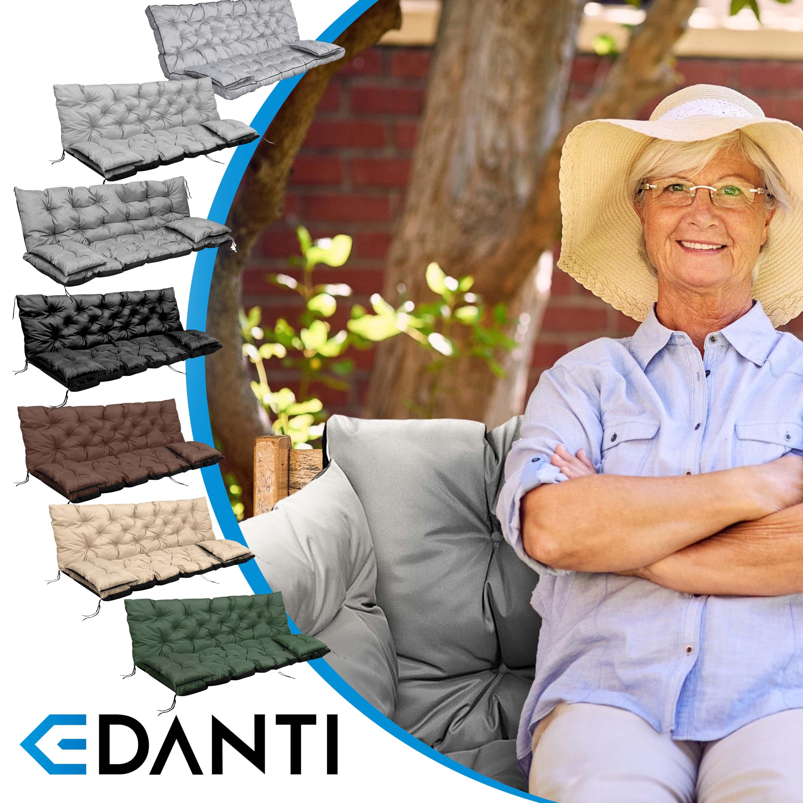 Set di cuscini EDANTI per panca altalena da giardino, cuscini per mobili da giardino, cuscino per panca impermeabile + 2X cuscini più piccoli (Beige, 150x60x50 cm)