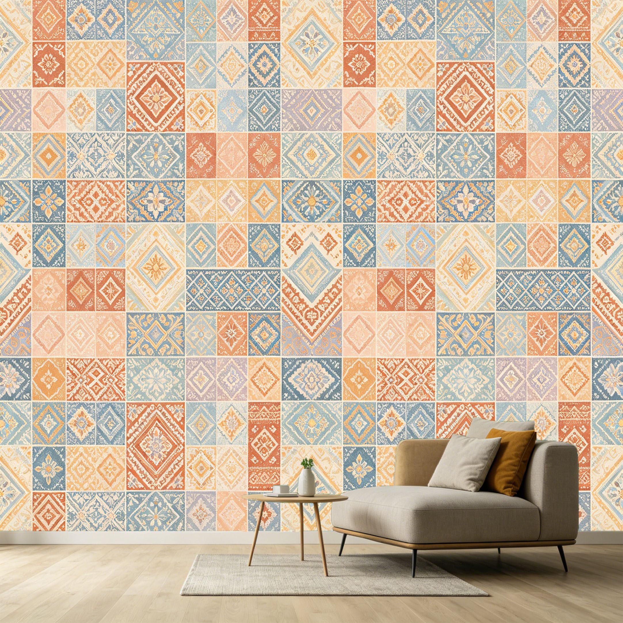 Custom Size Wall Murals Geometric Moroccan Tile Pattern Vintage Retro Textured SelfAdhesive Wall Fabric Removable Large Wallpaper for Photo Living Room Interior Decor