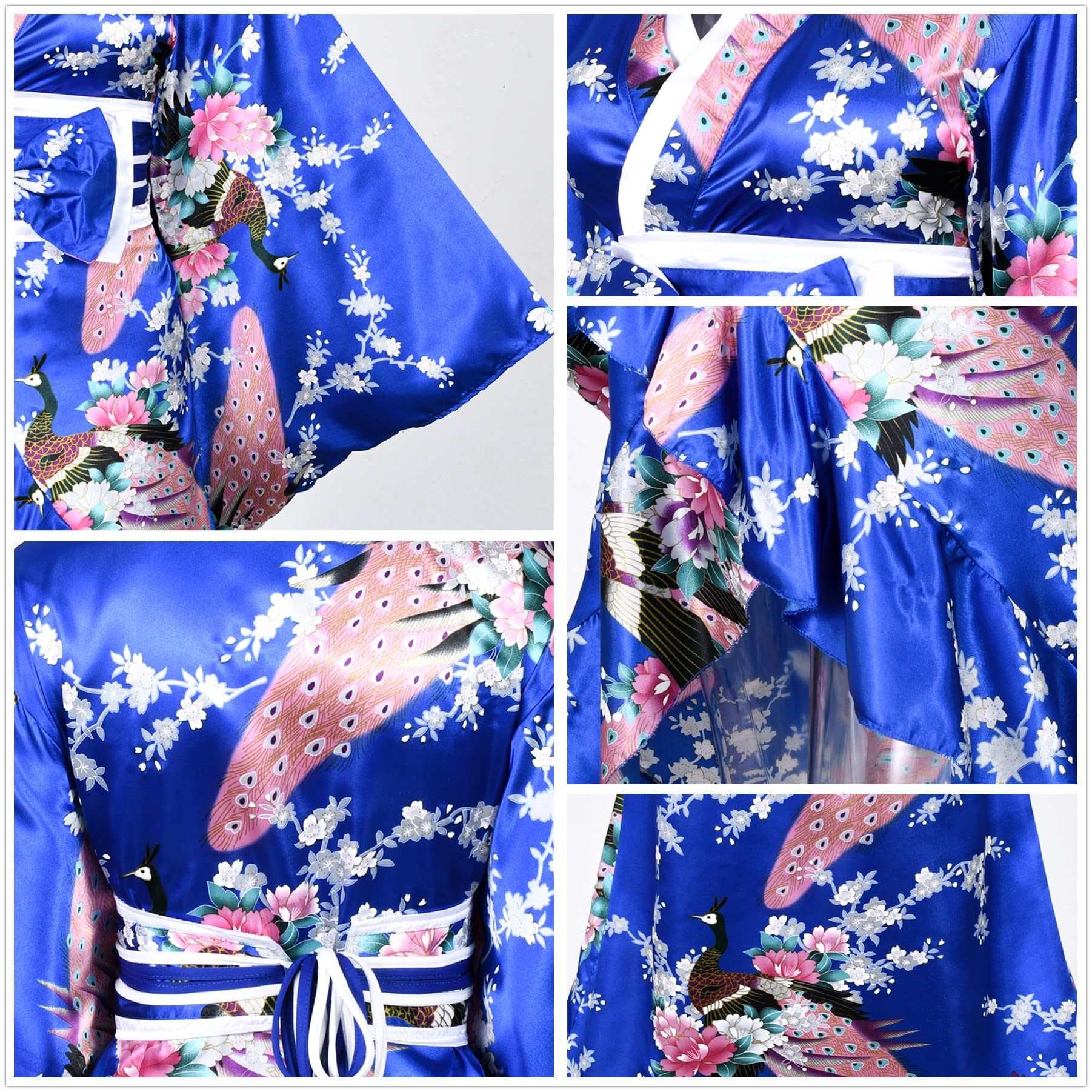 Kimono-Set für Damen, Geisha-Yukata mit Smoking-Rüschen, Satin-Bademantel und Nachtwäsche mit Blütenmuster, inklusive Fächer und Tabi-Socken