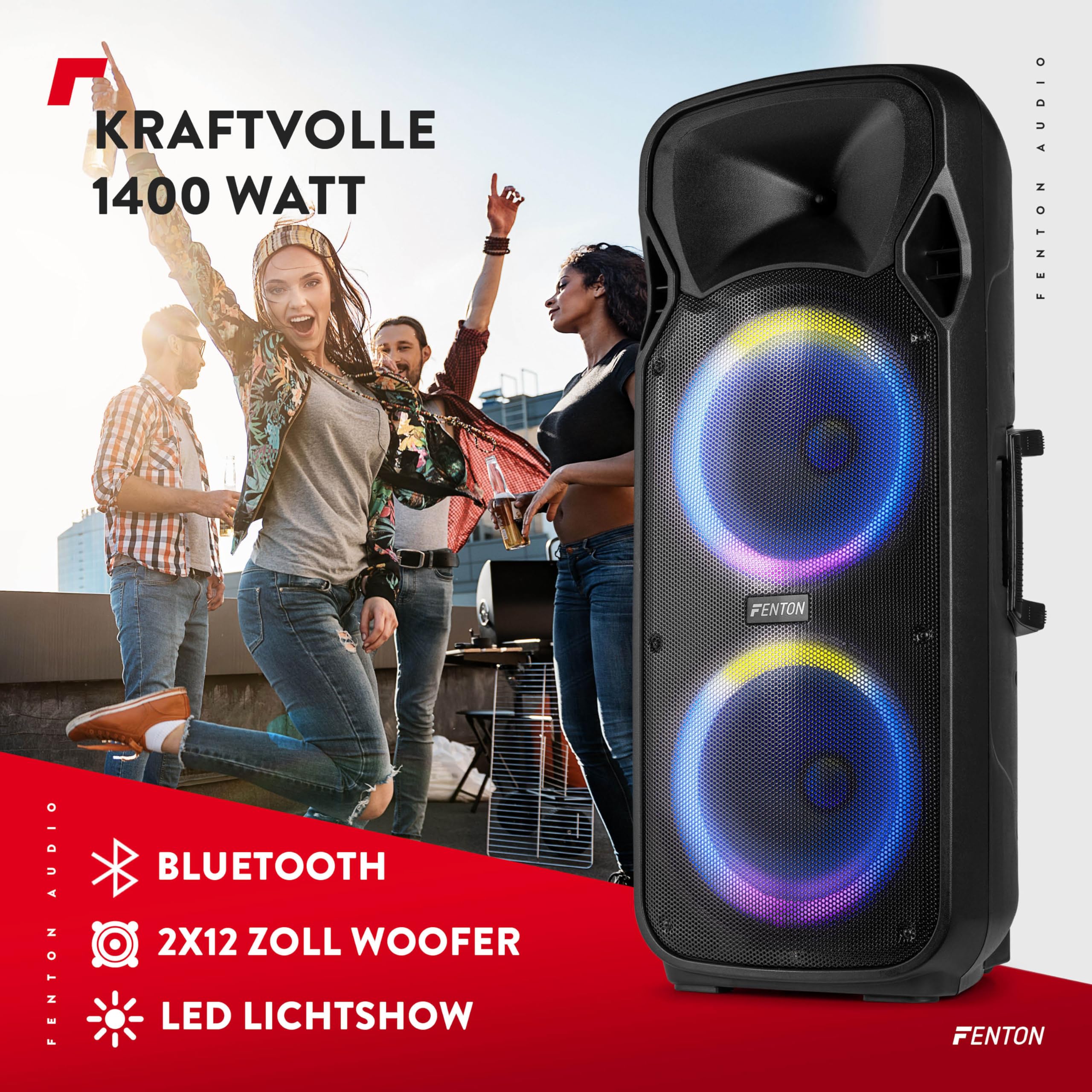 Fenton FT212LED MK2, Partybox Bluetooth Lautsprecher Groß 1400W, Musikbox Bluetooth Groß, 15" LED Subwoofer, Mikrofon, Akku- Netzbetrieb, AUX Eingang, USB Media-Player, Stereo-Pairing, Party Box