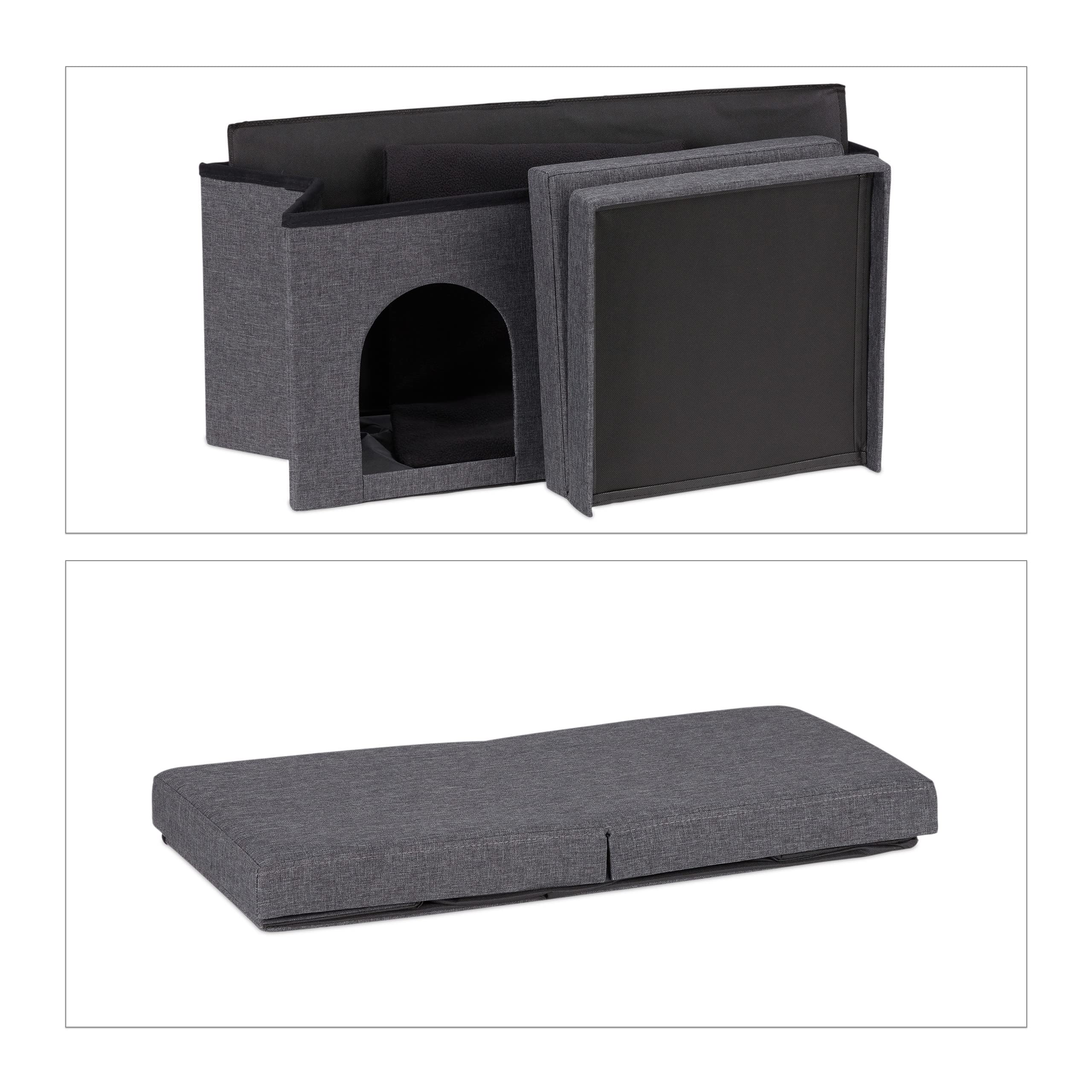 Relaxdays Casa Gato con Banco, Cueva Gatito Plegable, Accesorios Gatunos Interior, Escondite, 38,5 x 74,5 x 37 cm, Gris