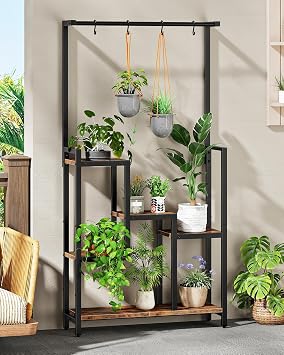 CHOEZON Plant Stand Indoor, 63" Tall Wooden Plant Shelf with Hanging Hooks and Staggered Tiers, Freestanding Flower Rack for Living Room, Balcony, Corner, Rustic Brown and Black TCJ41BF