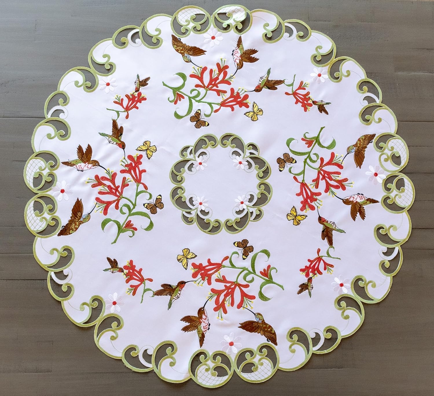 Decorative Round Table Topper with Hummingbirds and Flowers, White Embroidered Doily, Butterfly Design (34 Inch Round)