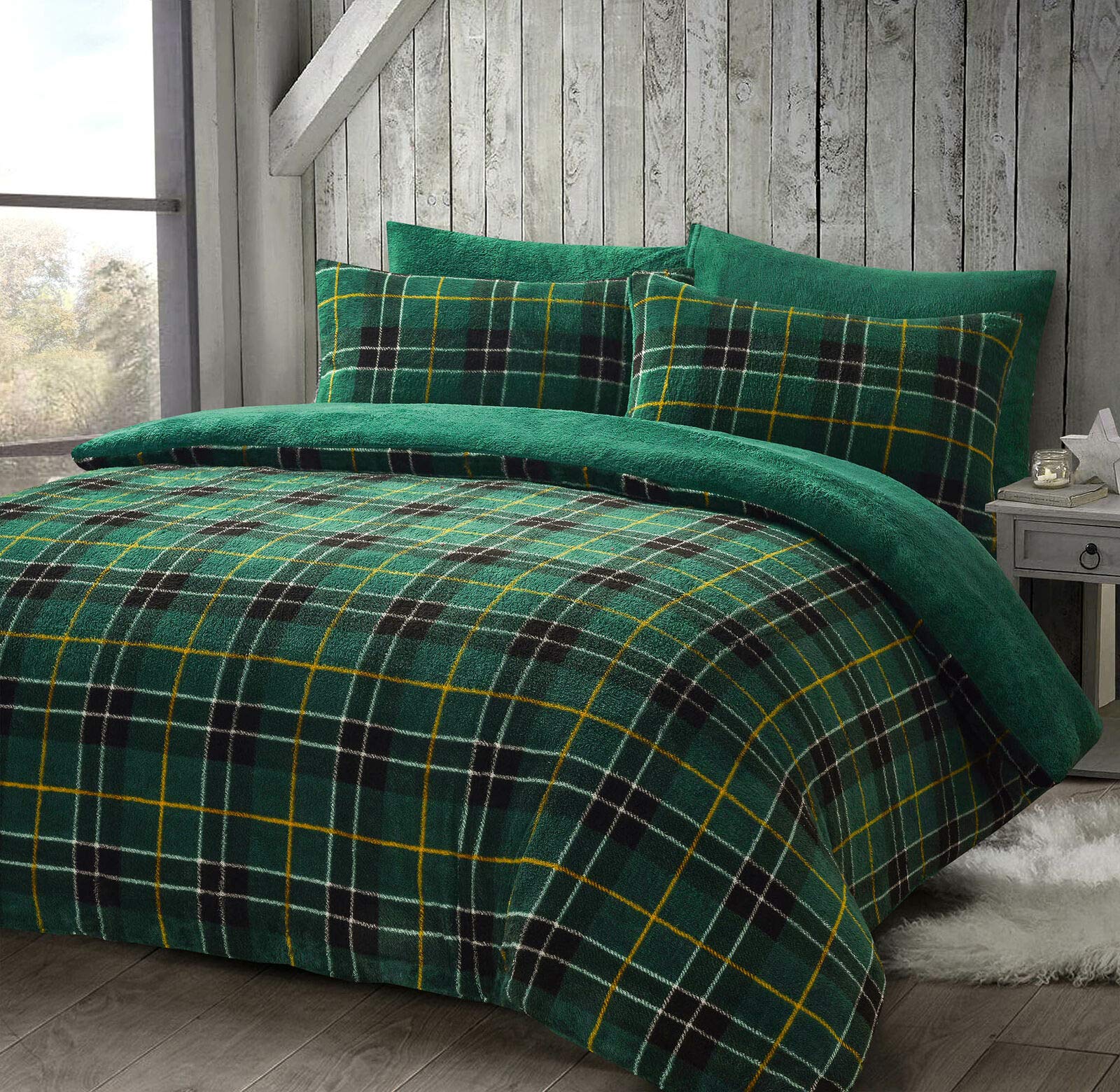 NIGHTZONE Teddy Bear Fleece Tartan Check Duvet Cover Soft Cosy Warm Checked Teddy Bear Bedding Set (Tartan Green, Single)