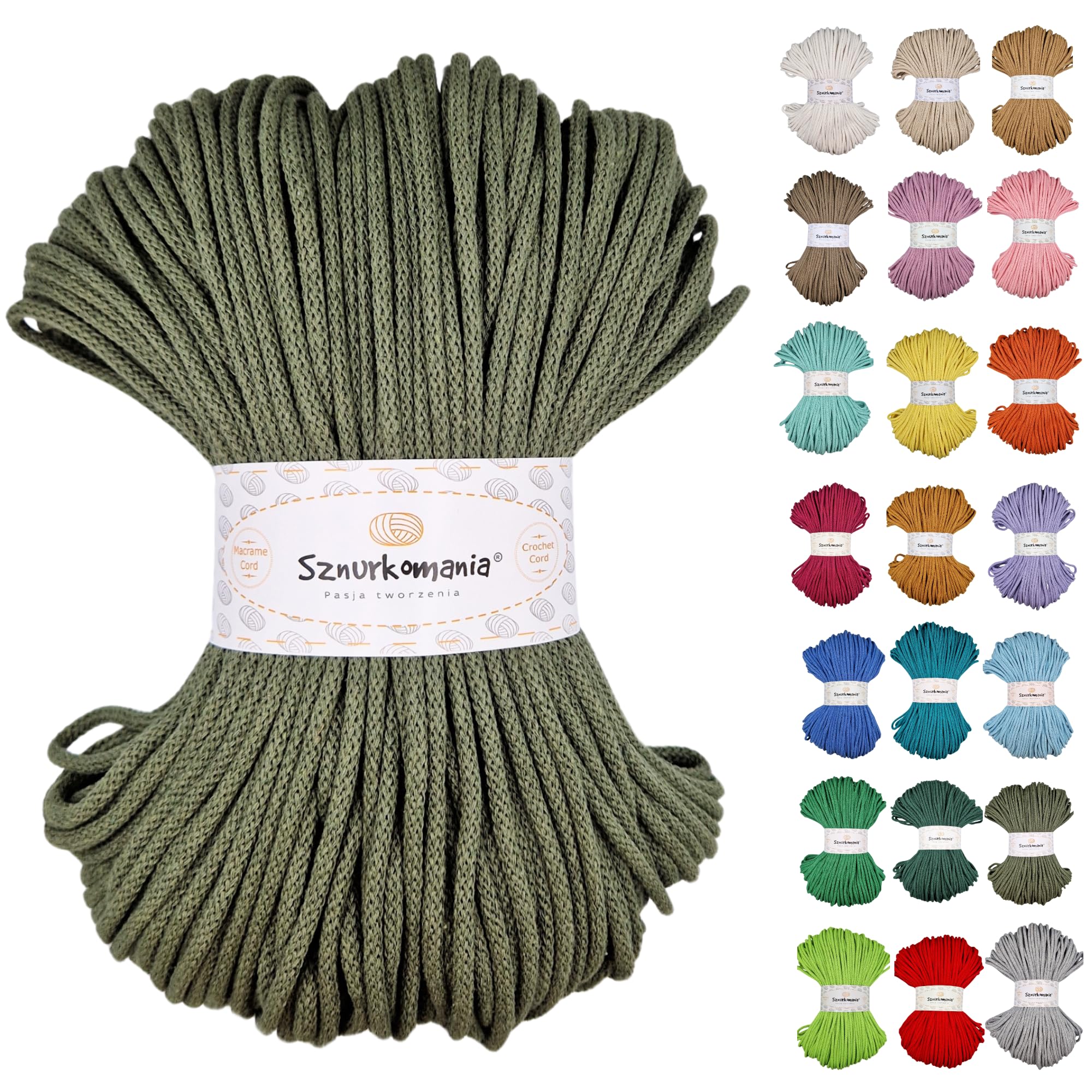 Sznurkomania Premium Cotton Cord - 5 mm x 100 m, 46 Colours, Crochet & Macrame Cord, Rope - Khaki