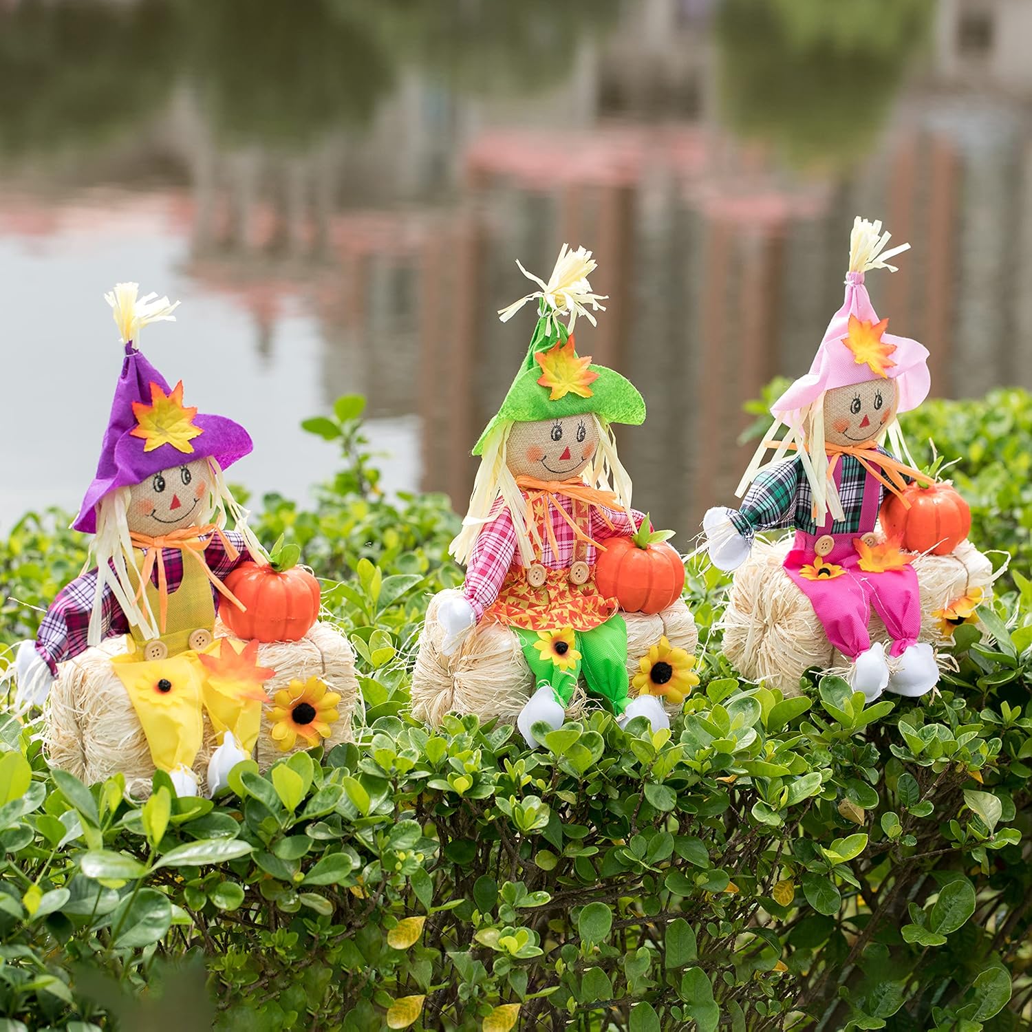 Gardenised Outdoor Fall Decor Halloween Scarecrow for Garden Ornament Sitting on Hay Bale, Straw Multicolor, Set of 3, 18", (QI004088) : Patio, Lawn & Garden