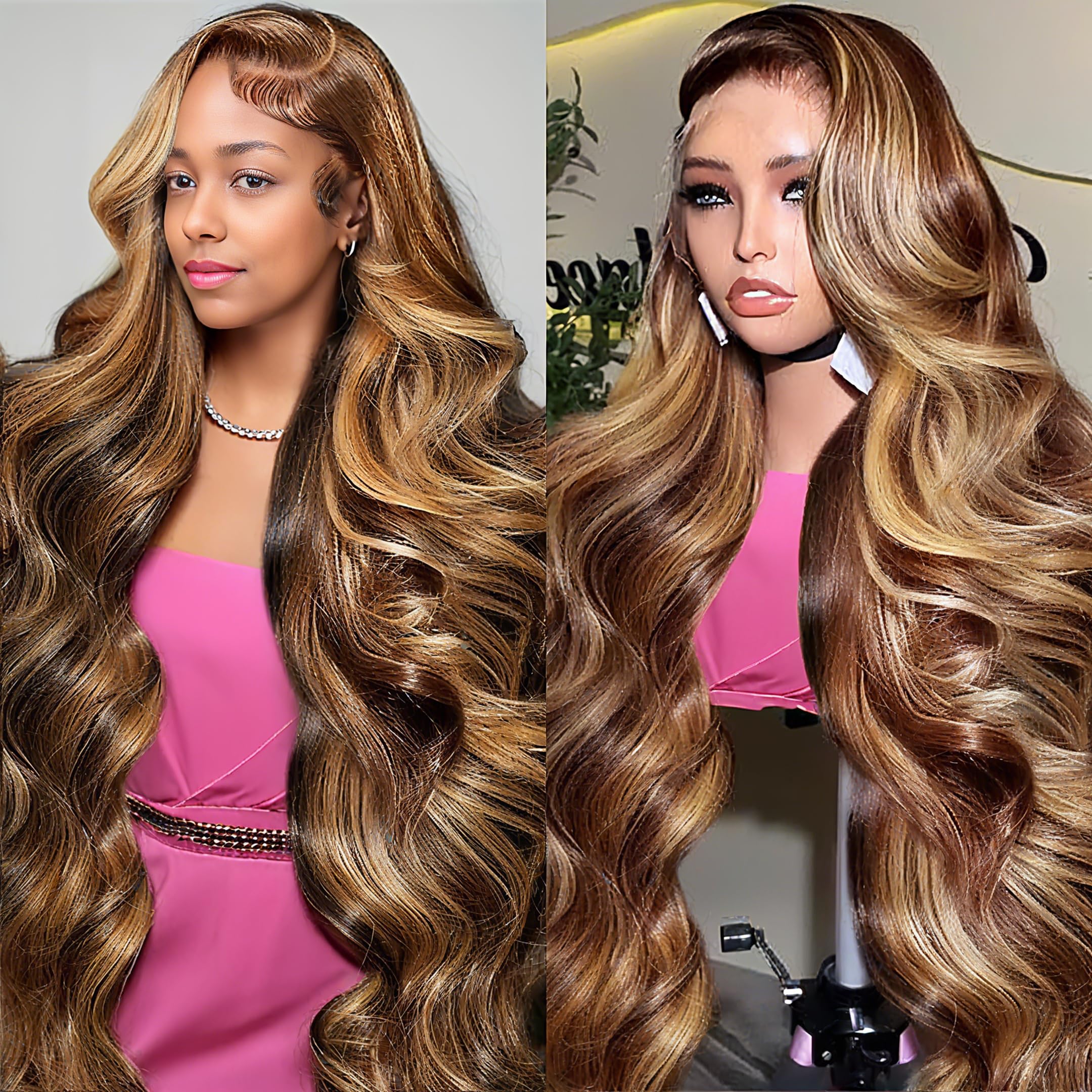 BMNH Ombre Honey Blonde Lace Front Wig Human Hair 13x6 Highlight Body Wave Lace Front Wig Glueless Pre Plucked With Baby Hair P4/27 HD Lace Frontal