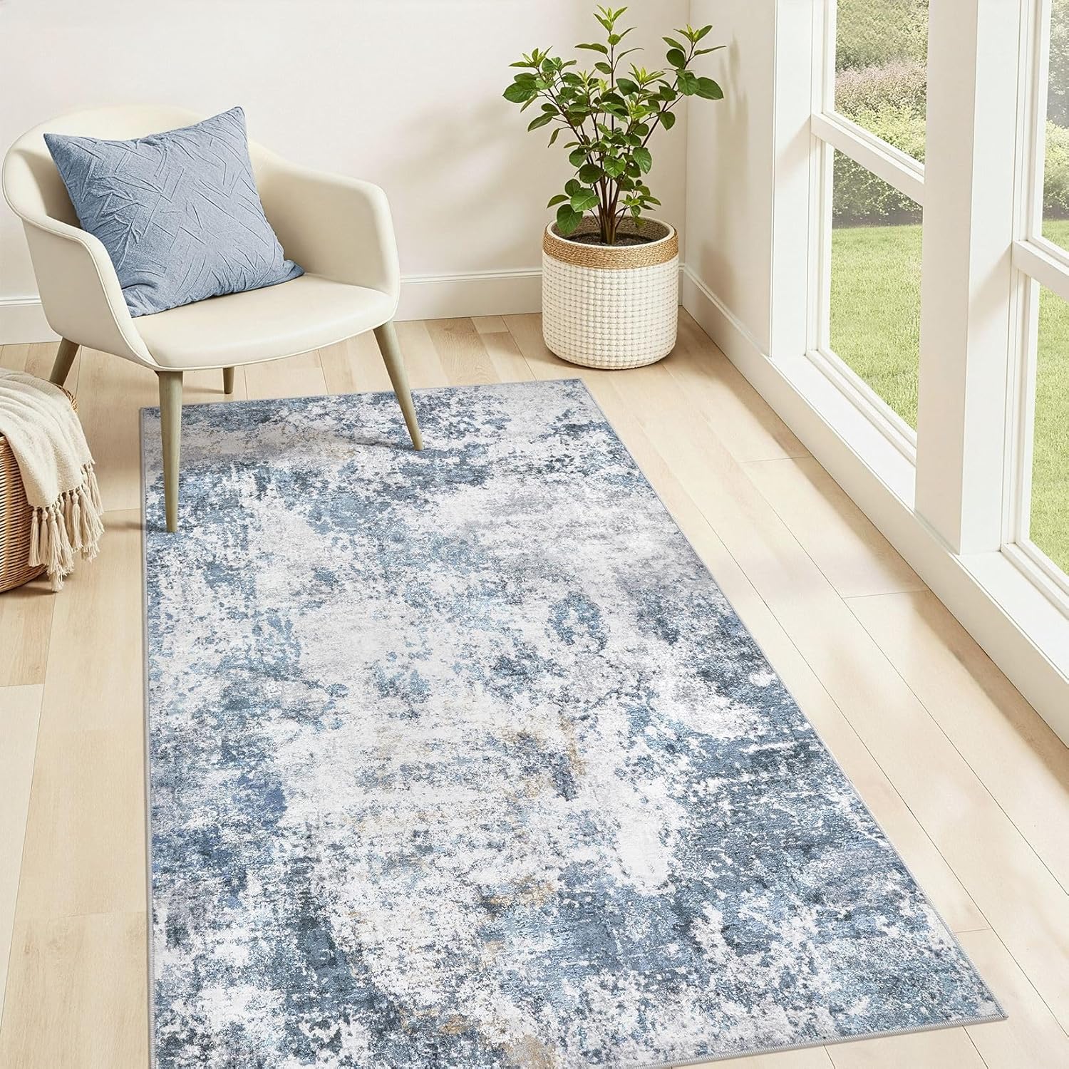 Living Room Area Rugs - 3x5 Abstract Large Soft Indoor Washable Rug Neutral Modern Low Pile Carpet for Bedroom Dining Room Farmhouse Home Office - Blue Blue 3' x 5' (Rectangular)