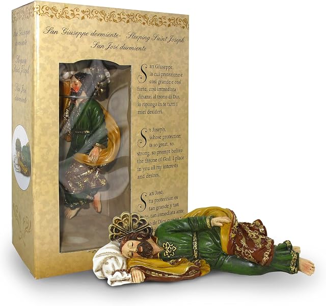 Ferrari & Arrighetti Sleeping Saint Joseph Small Statue (12 cm) with Gift Box and Paper Bookmark in IT/EN/ES