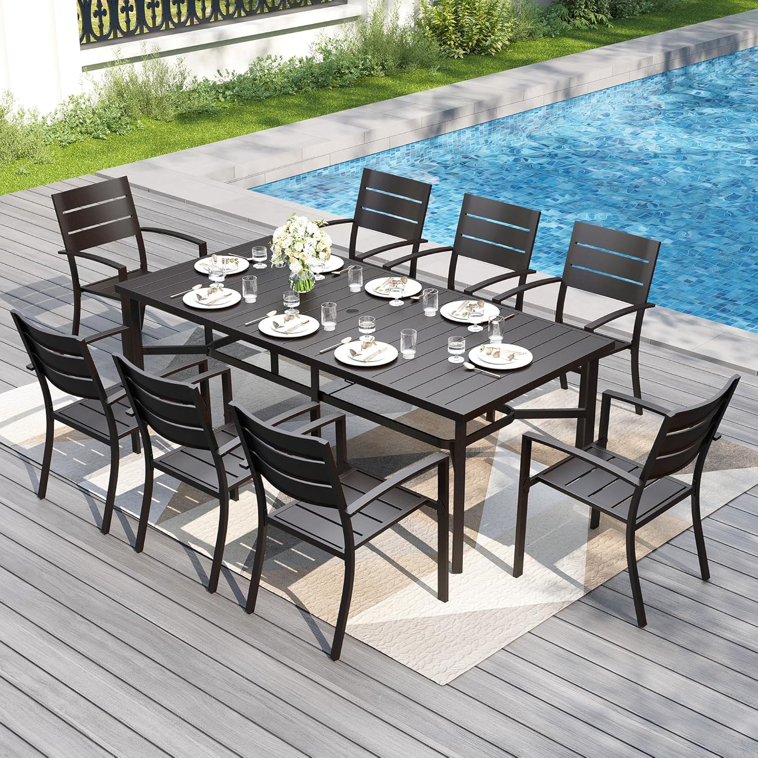 PHI VILLA 9-Piece Outdoor Patio Dining Set for 8: 83" Rectangular Black Metal Table with Umbrella Hole & Stackable Wrought Iron Chairs