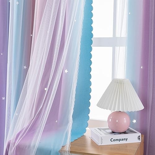 Miniatura 13 de XiDi - Cortinas rosas y grises para dormitorio de niñas, calcomanías de pared de unicornio, cortina verde, oscurecimiento de habitación, opaca, 63