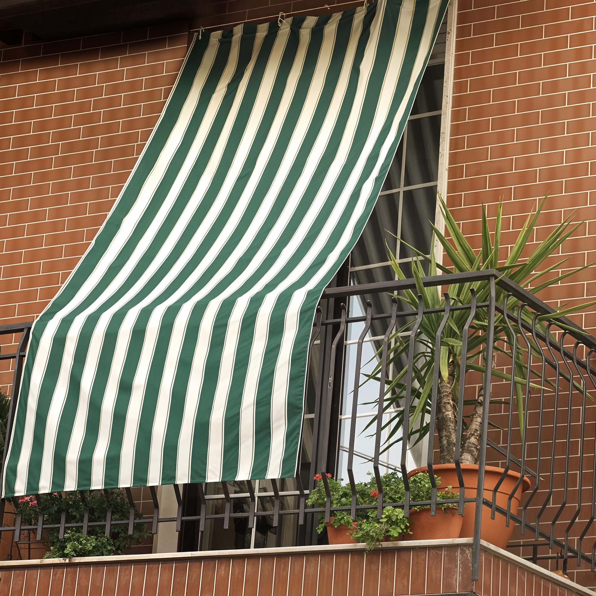 SOFFICIOSO Tenda Da Sole A Cascata Per Esterni, 145x250 Cm, Colore Verde, Con 8 Anelli, In Poliestere Tinto Filo, Lavabile, Per Terrazzo E Balcone