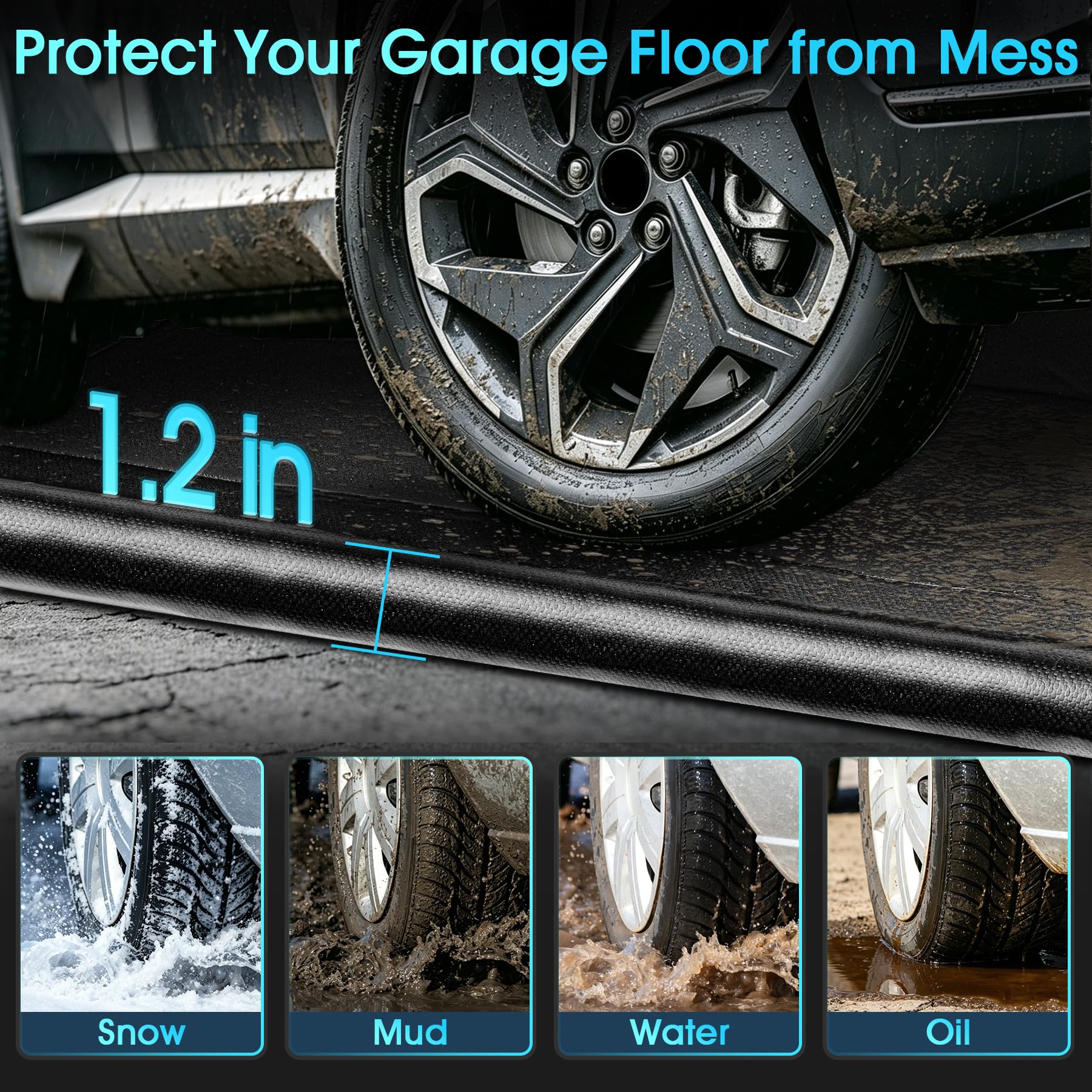 ToLanbbt Tapis de sol de garage de 2,4 m x 6 m, tapis de rétention d'eau robuste avec bords surélevés de 3 cm, protection contre la neige, la boue, la pluie et l'huile, tapis de stationnement