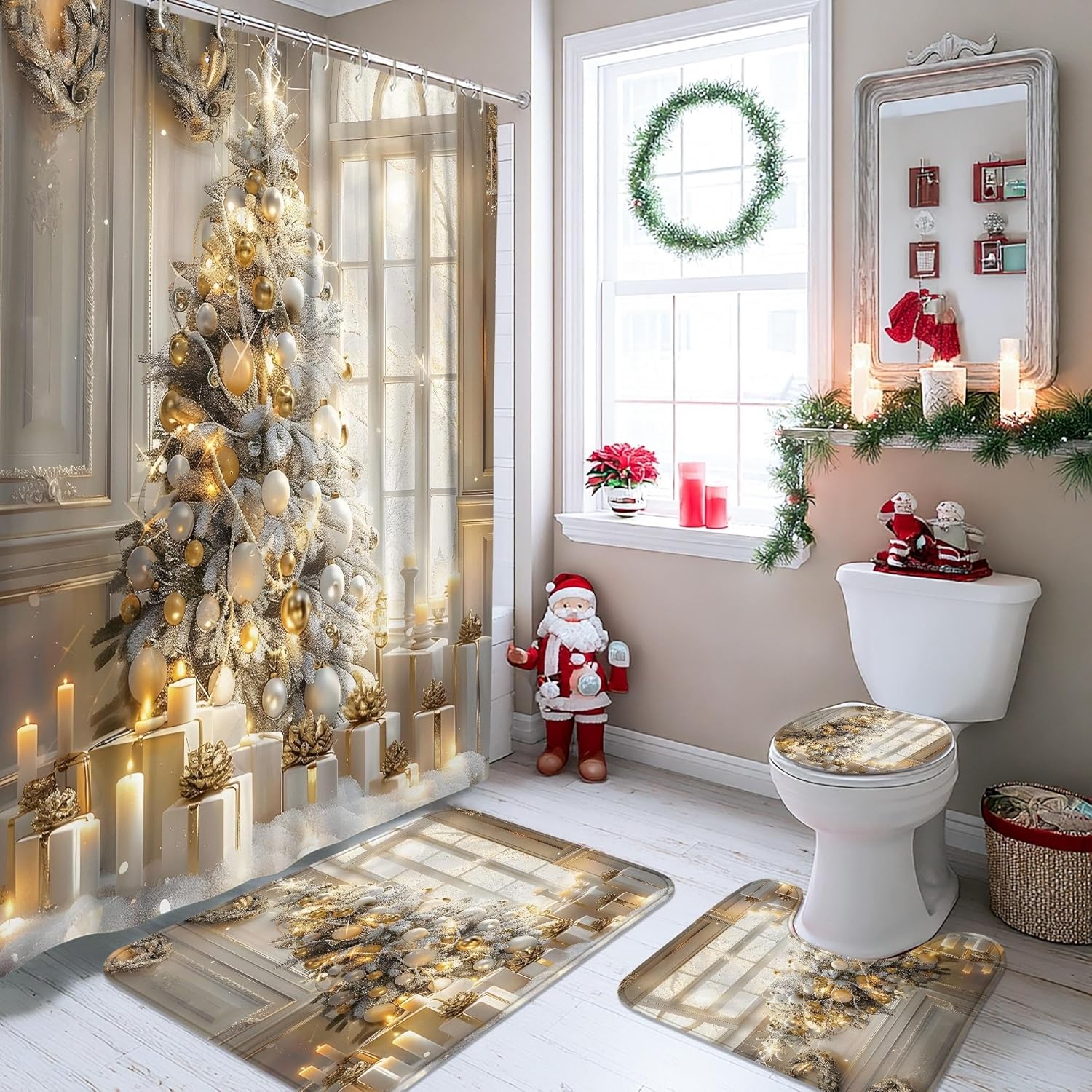 4Pcs Christmas Shower Curtain Set, Gold White Tree Bath Mat Rugs Accessories for Holiday Decor, Elegant Modern Waterproof Fabric Shower Curtain Set with Hooks 72x72 Inch