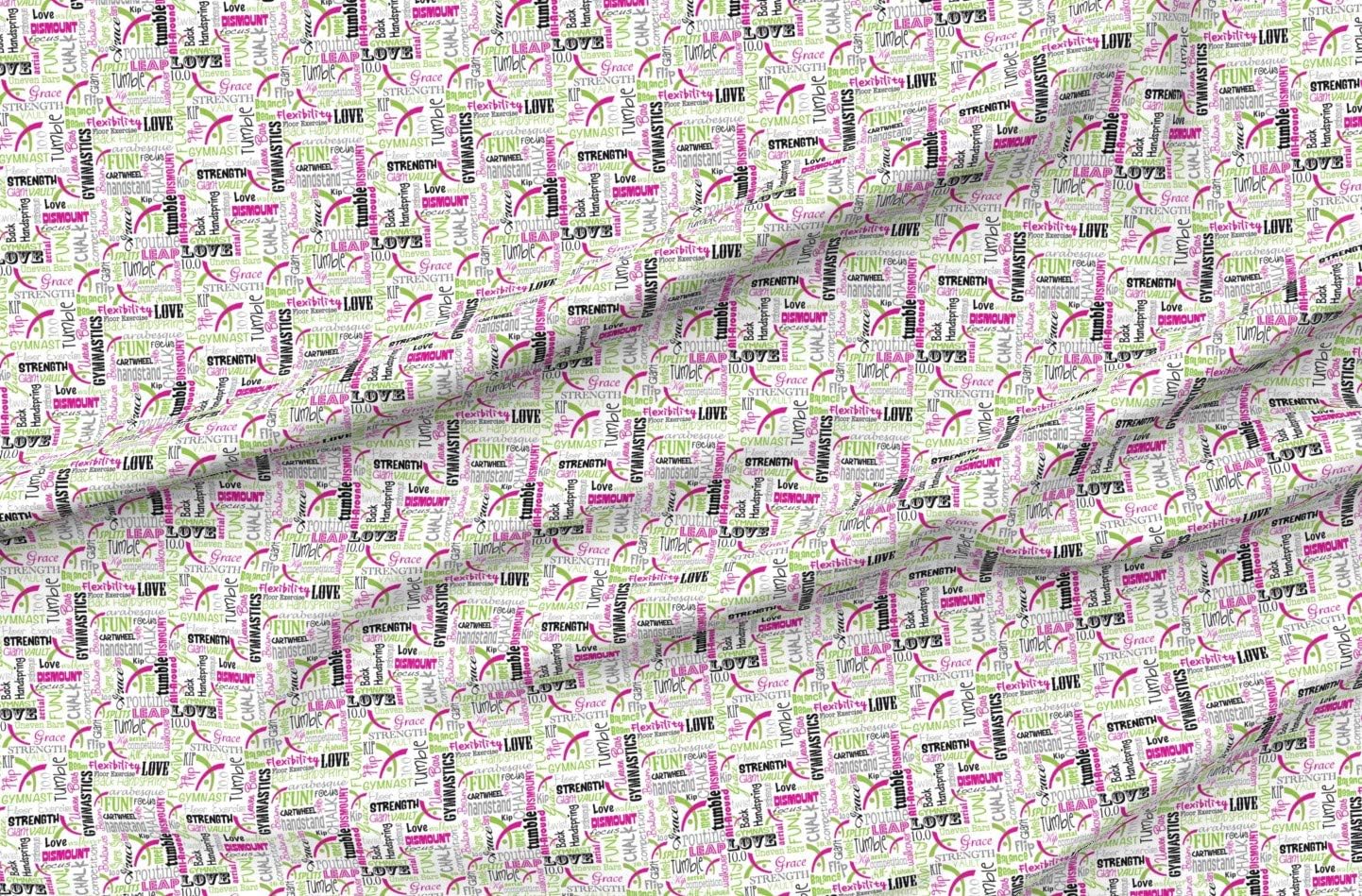 Spoonflower Fabric - Gymnastics Words Pink Green Gymnast Printed on Organic Cotton Sateen Fabric by The Yard - Sewing Quilting Apparel Home Decor
