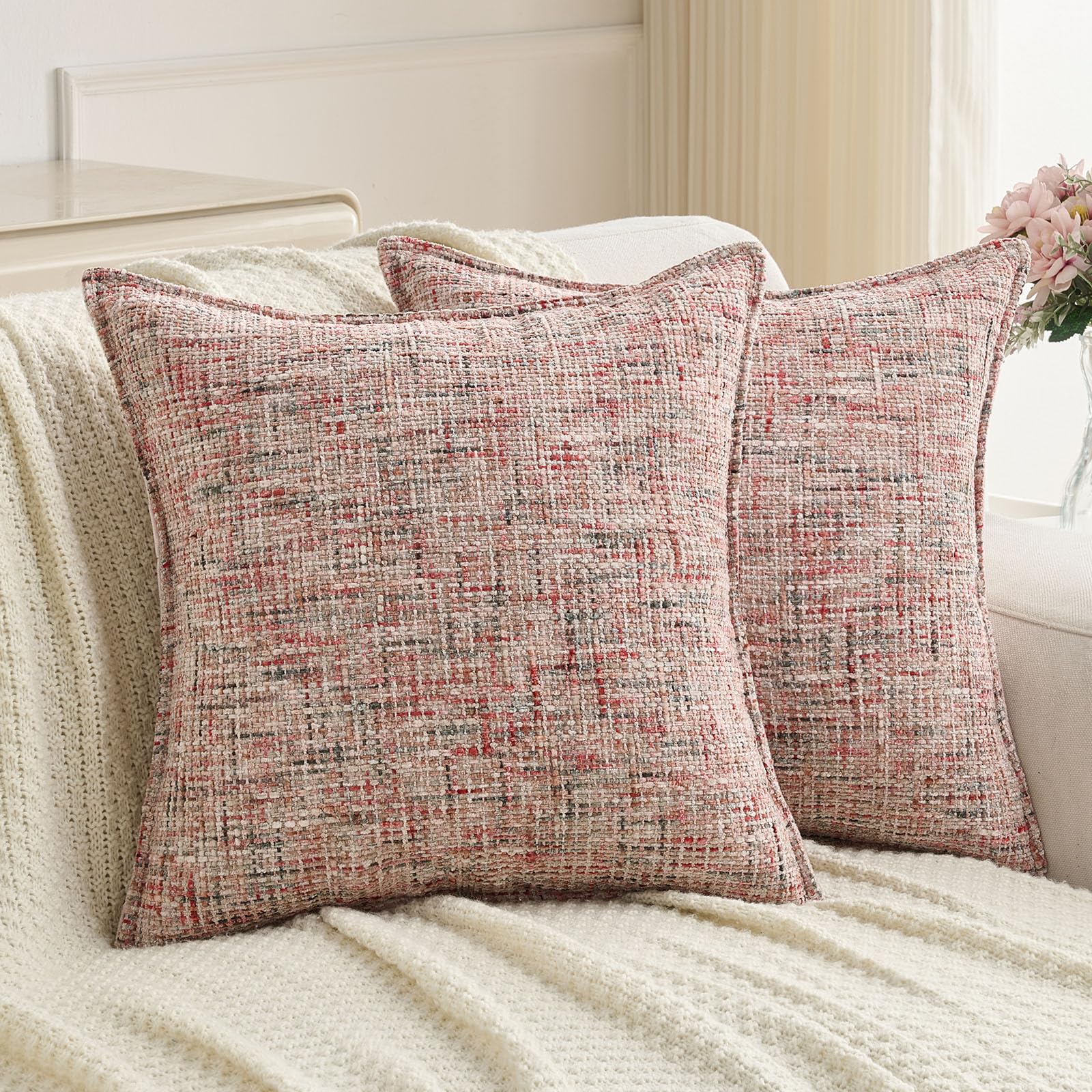 FUTEI Set of 2 Soft Tweed Chenille 40x40 cm Cushion Covers Farmhouse Micro-Check Textured Scatter Pillow Covers 40 x 40 cm Vintage Accent for Sofa Bed Living Room, Blush — image 1