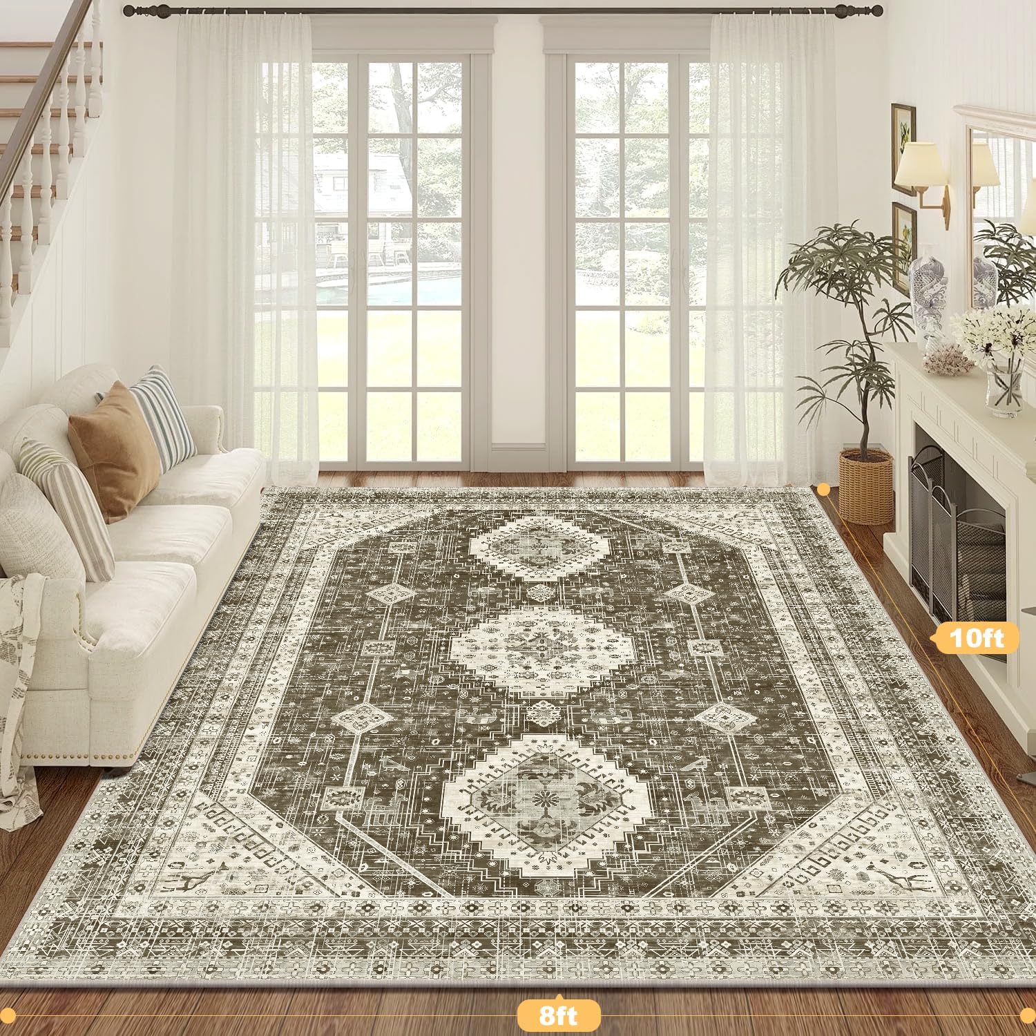 LOKHOM 8x10 Area Rugs for Living Room, Non-Slip Vintage Washable Rug Large, Luxurious Faux Wool Stain Resistant Indoor Carpet Floor Mat for Living Room Rugs Bedroom Dining Room Office,Vintage Brown