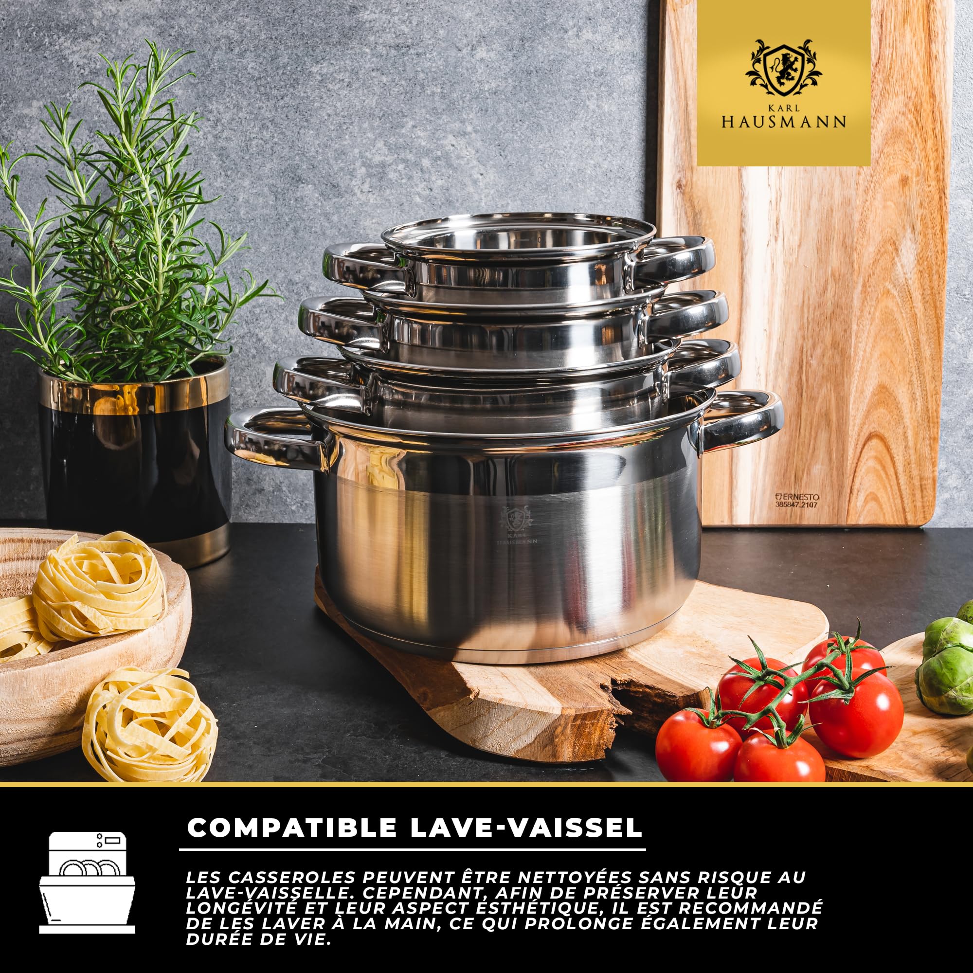 KARL HAUSMANN Batterie de Cuisine 4 pcs Inox avec Couvercles Thermomètre - Casseroles Induction, Set Cuisine Quotidienne, Tous Feux Gaz, Électrique, Vitrocéramique, 4 Tailles