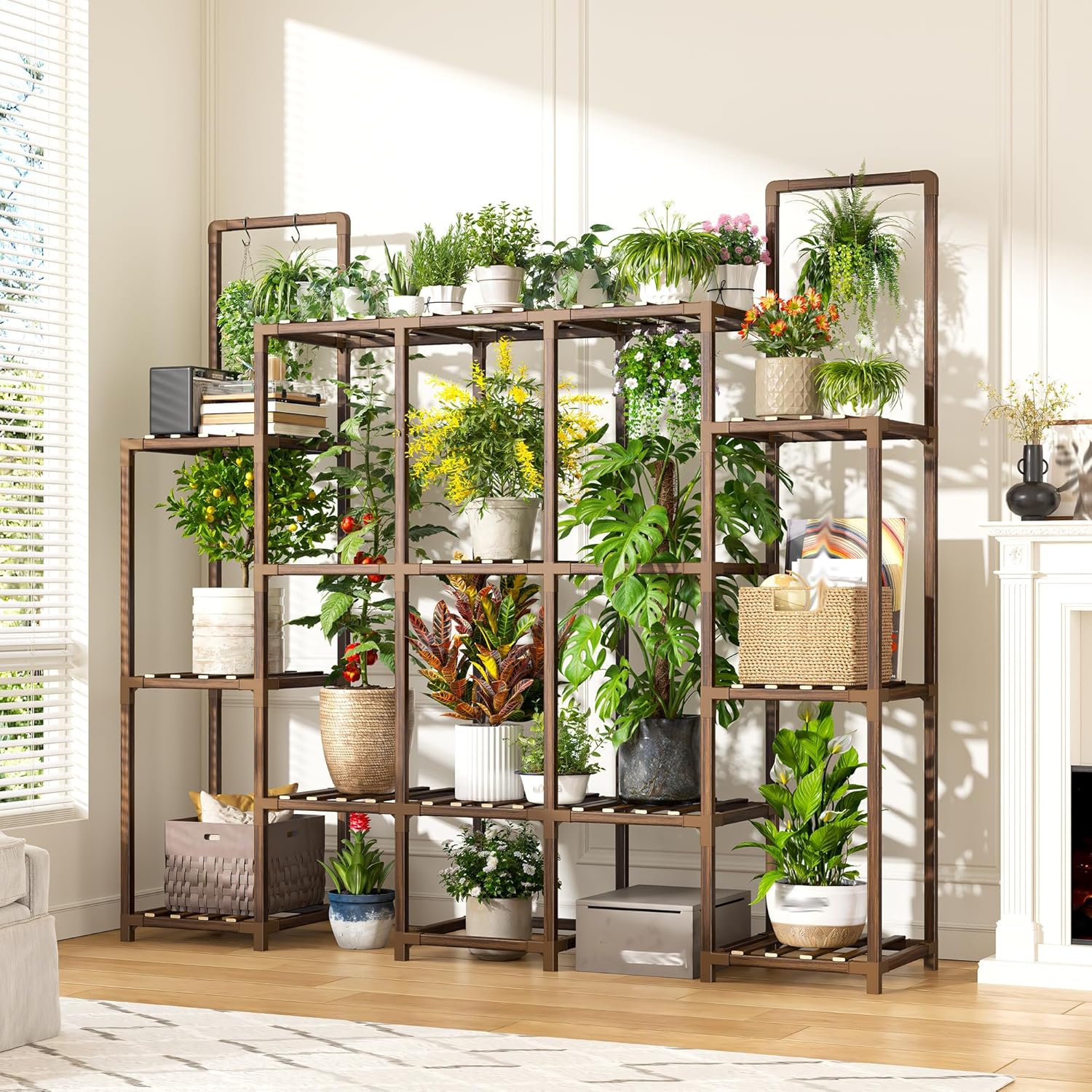 Plant stand used in a living room with various plants and decor