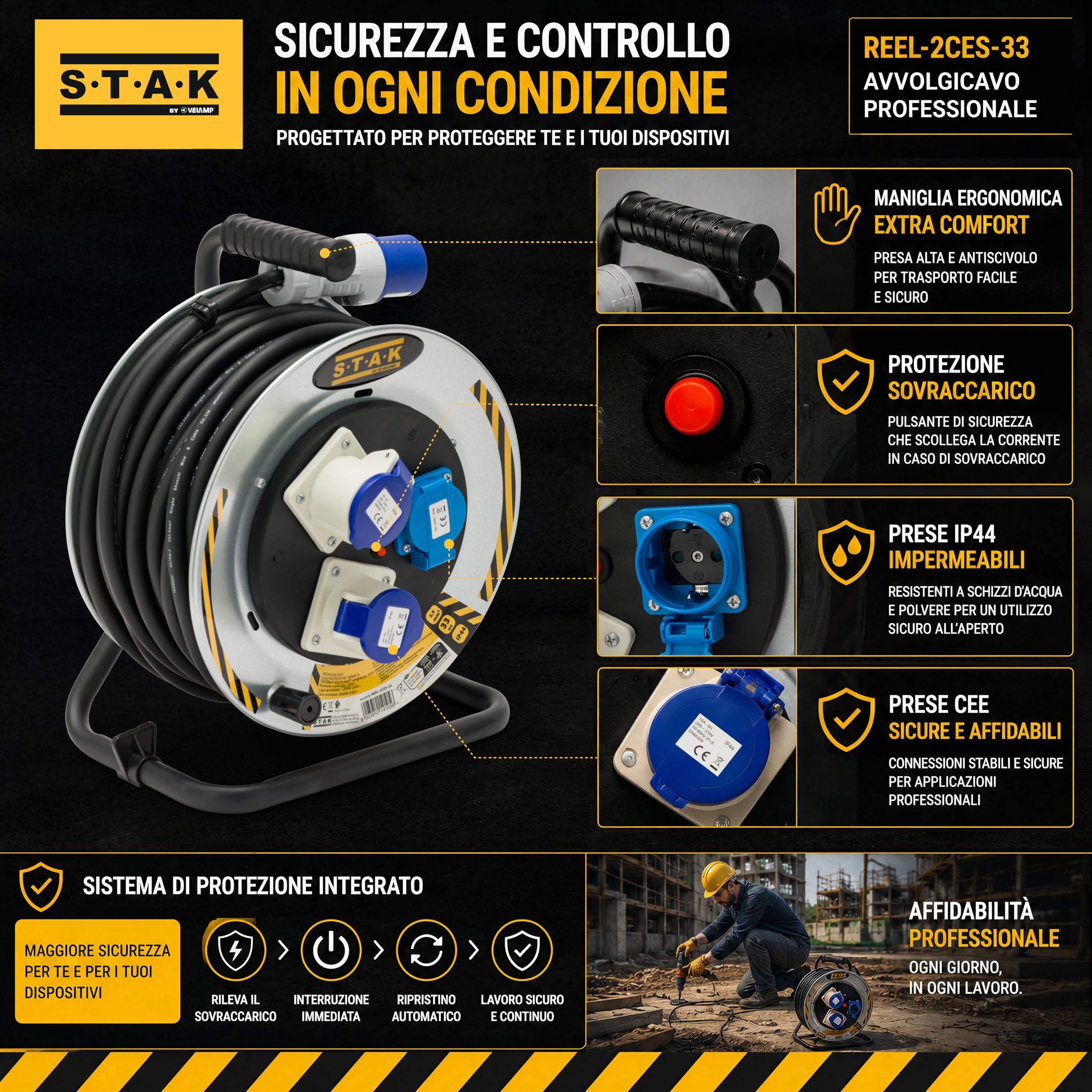 STAK Avvolgicavo Industriale Professionale 33 Metri IP44 con Cavo H07RN-F 3G2.5 mm², 2 Prese CEE + 1 Schuko, Spina CEE 16A, Prolunga Elettrica per Cantiere, Camper, Campeggio e Nautica