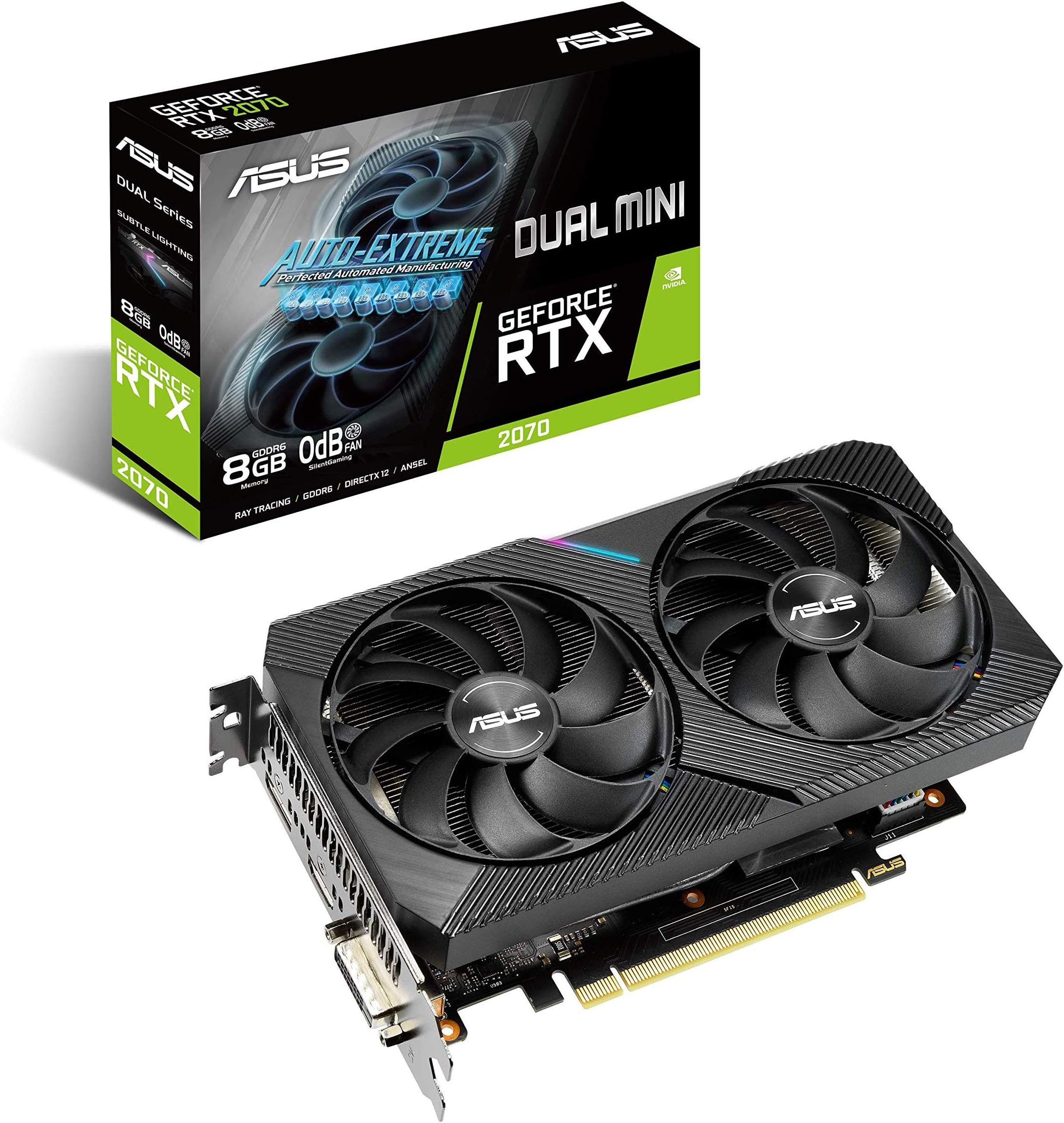 ASUS Dual NVIDIA GeForce RTX 2070 Mini OC Edition Gaming Graphics Card (PCIe 3.0, 8GB GDDR6 Memory, HDMI, DisplayPort, DVI-D, for Intel NUC 9 Extreme Kit and Small Chassis.