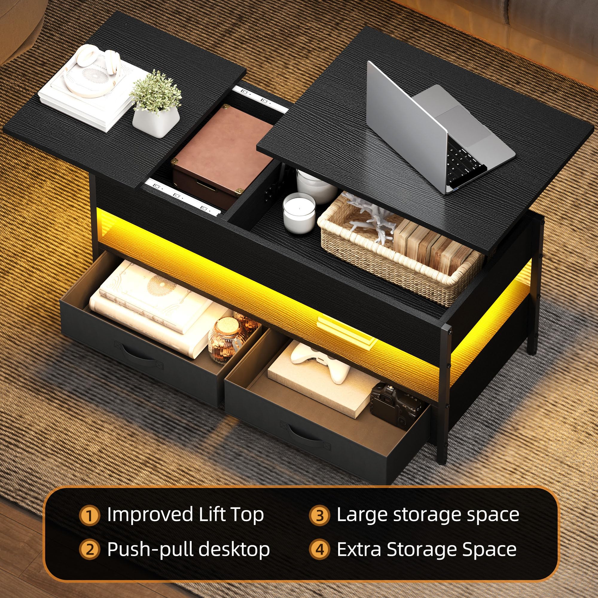 DWVO Couchtisch Höhenverstellbar mit 2 Schublade und Offener Lagerraum, LED Couchtisch mit Verstecktem Ablagefach, Wohnzimmertisch 106 x50x51,5cm