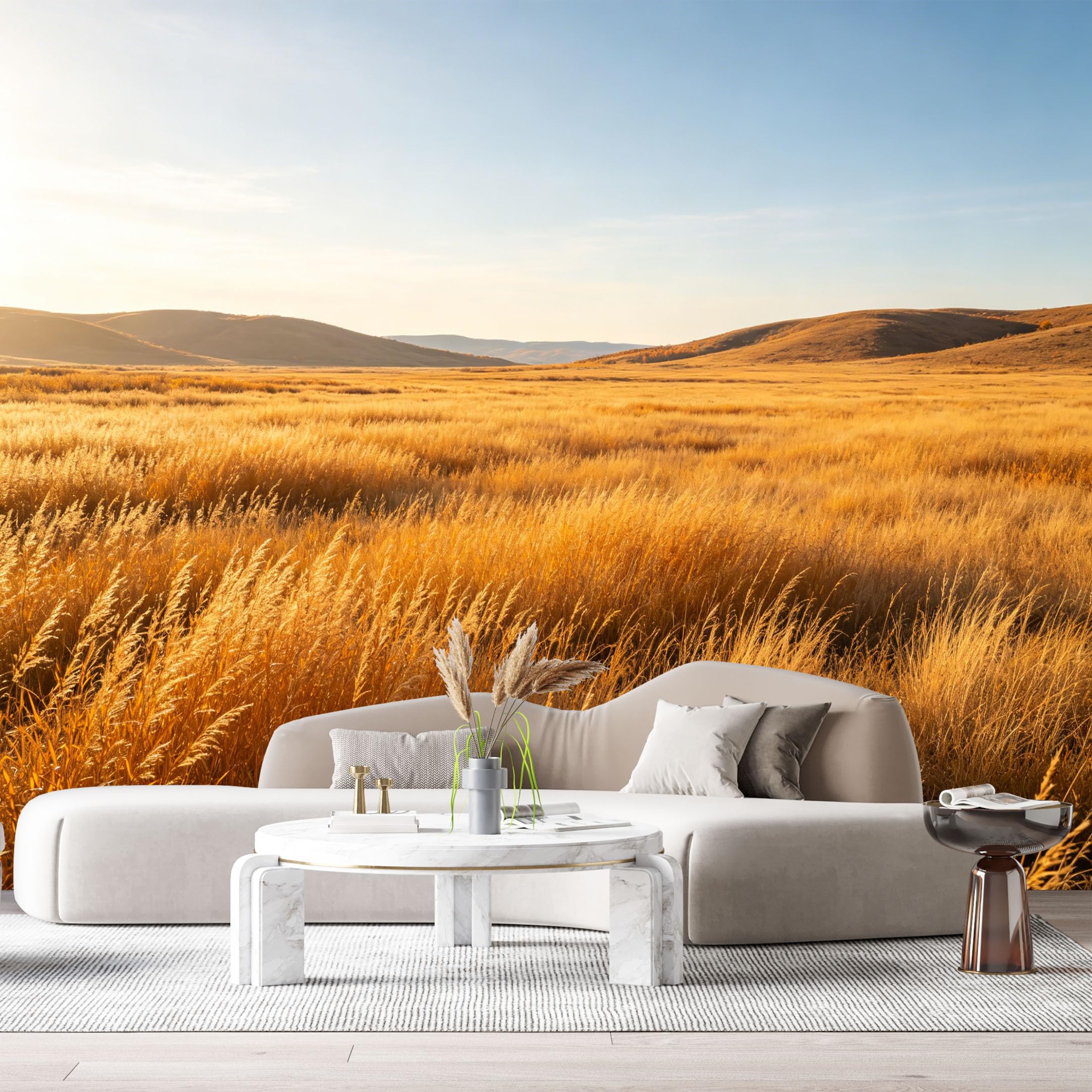 Custom Size Wall Murals Golden Meadow Landscape Sunset Hills Botanical Fields SelfAdhesive Wall Fabric Removable Large Wallpaper for Photo Living Room