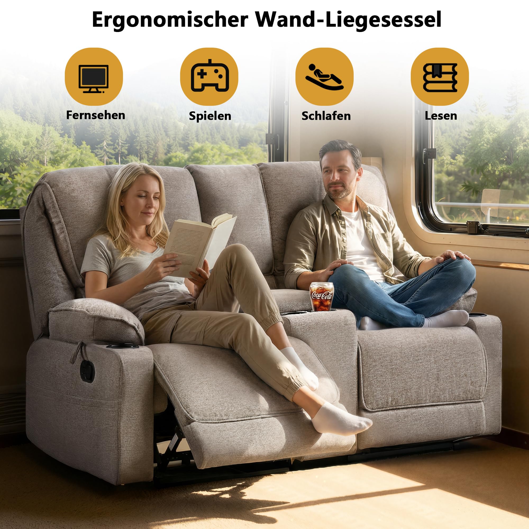 2er Kinosessel Relaxsessel mit Liegefunktion, 2 Sitzer Fernsehsessel TV Sessel mit Konsole, 4 Getränkehalter Cupholder, zweisitzer Sofa für Wohnzimmer (Hellgrau)