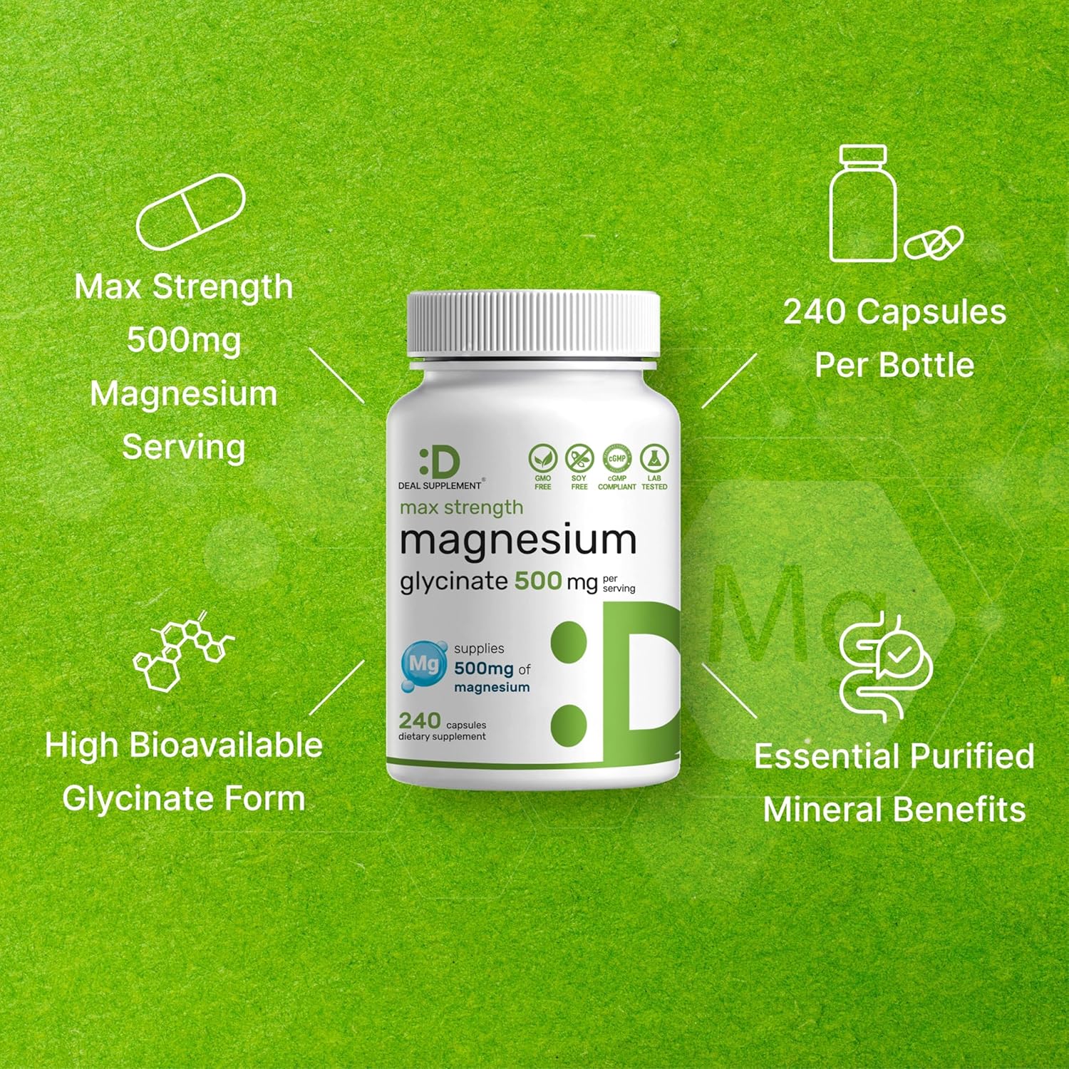 Max Strength Magnesium Glycinate 500mg Per Serving, 240 Capsules | 100% Chelated for Easy Absorption | Essential Mineral Supplement for Muscle, Sleep, & Heart Health - Image 4