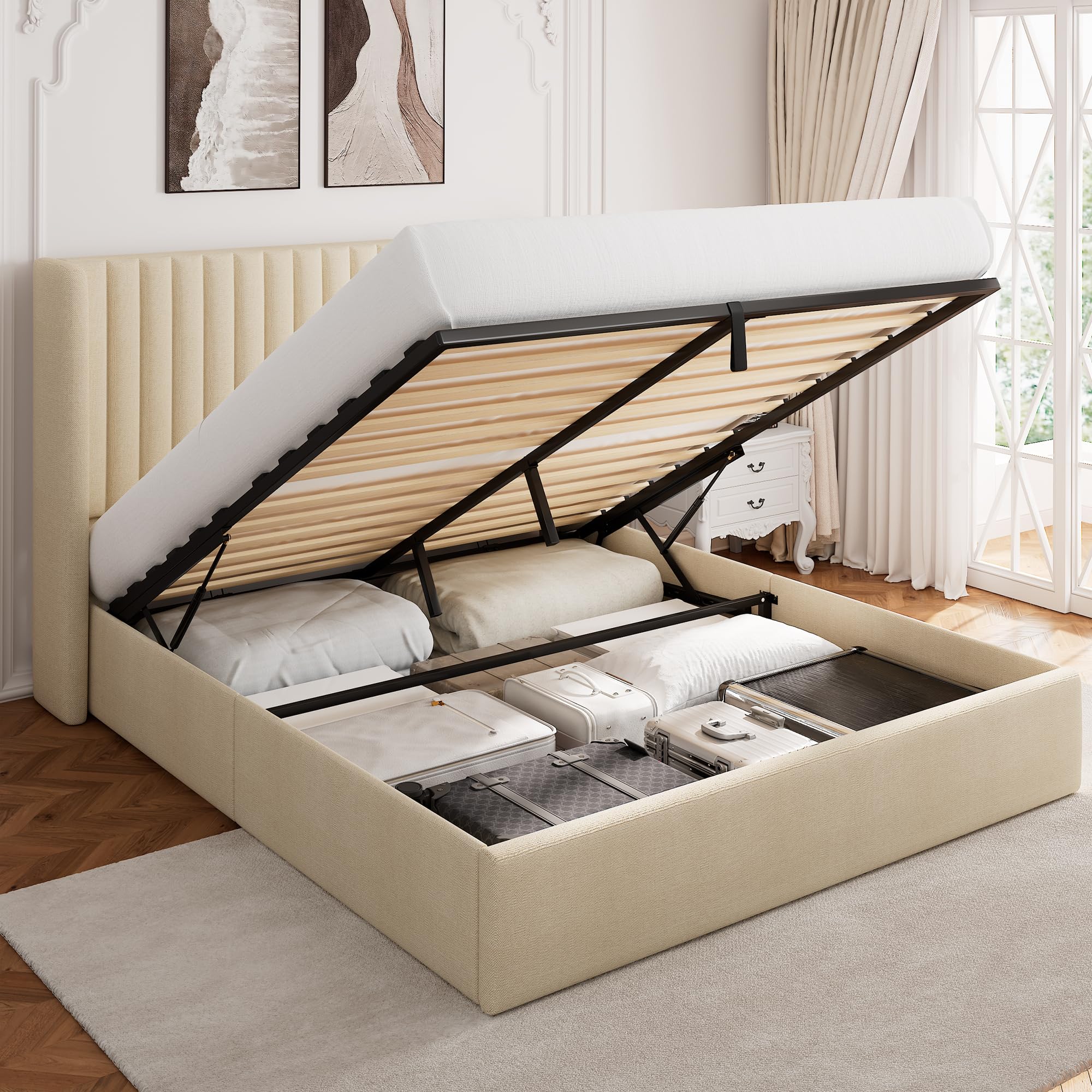 GalnFu Full Size Lift Up Storage Bed, Upholstered Platform Bed Frame with Wingback Headboard, Hydraulic System, Solid Wooden Slats Support, Noise-Free