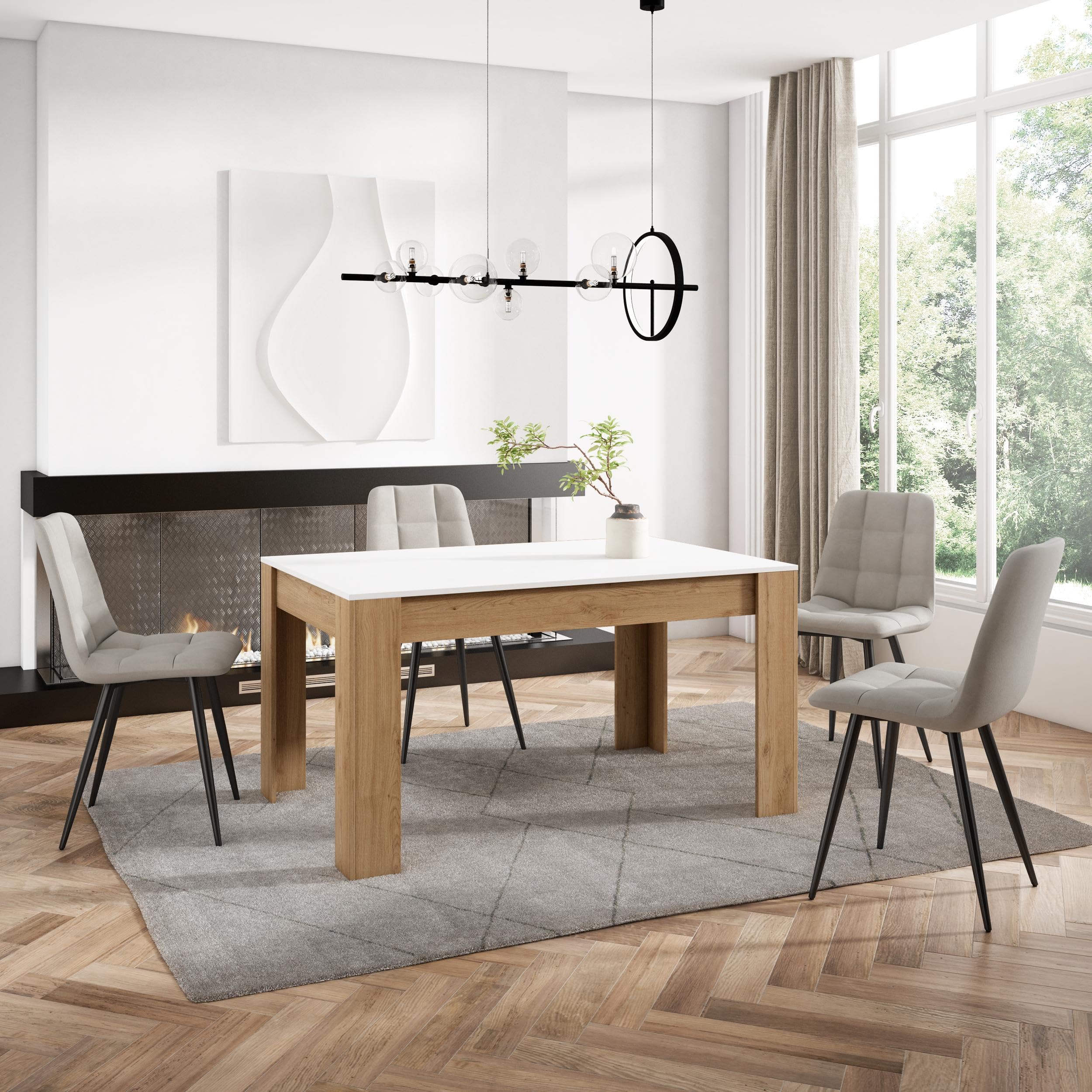Skraut Home | Tavolo da Pranzo | Cucina, Sala da pranzo | 140x90x76 cm | Per 6 persone | Tavolo Cucina | Stile moderno | Bianco e Rovere