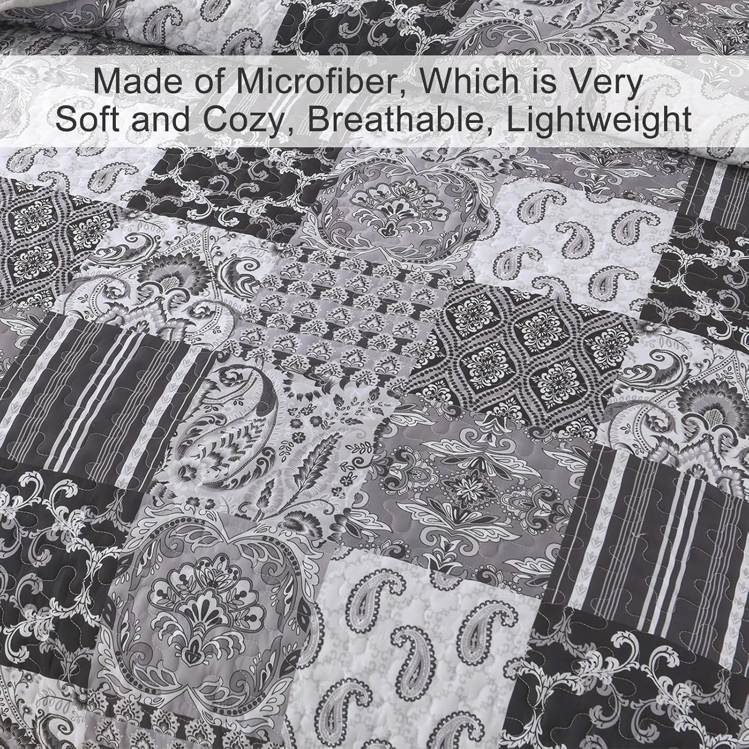 WONGS BEDDING Grey Quilt Set Queen Size, Patchwork Plaid Bedspread Bedding Sets Soft Microfiber Boho Quilts for Queen Bed 3 Pieces Coverlet Set for All Season (96"x90") - Image 6