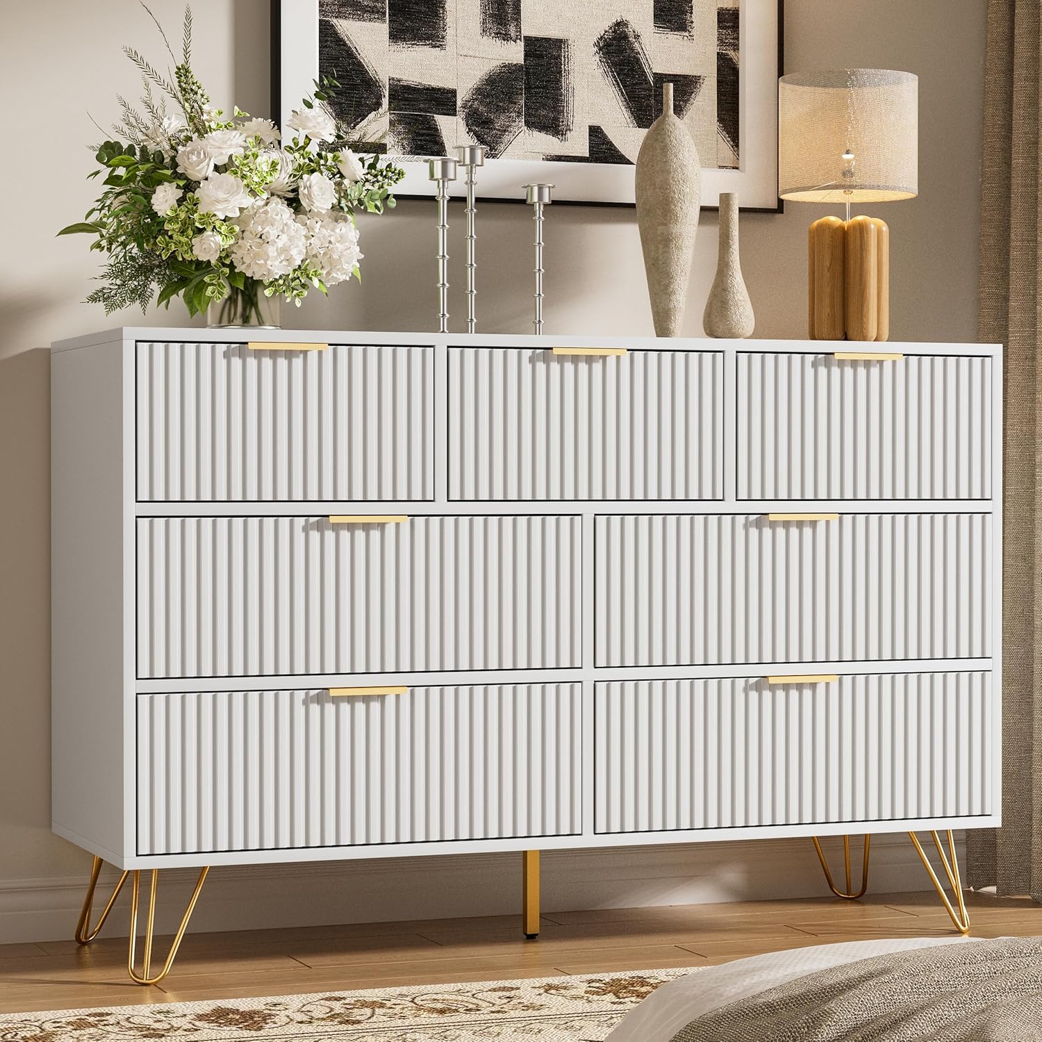Dresser for Bedroom, Modern Fluted 47.2" Wide Chest of Drawers with Gold Pulls and 7 Drawers, 15.7" D x 47.2" W x 31.4" H, White