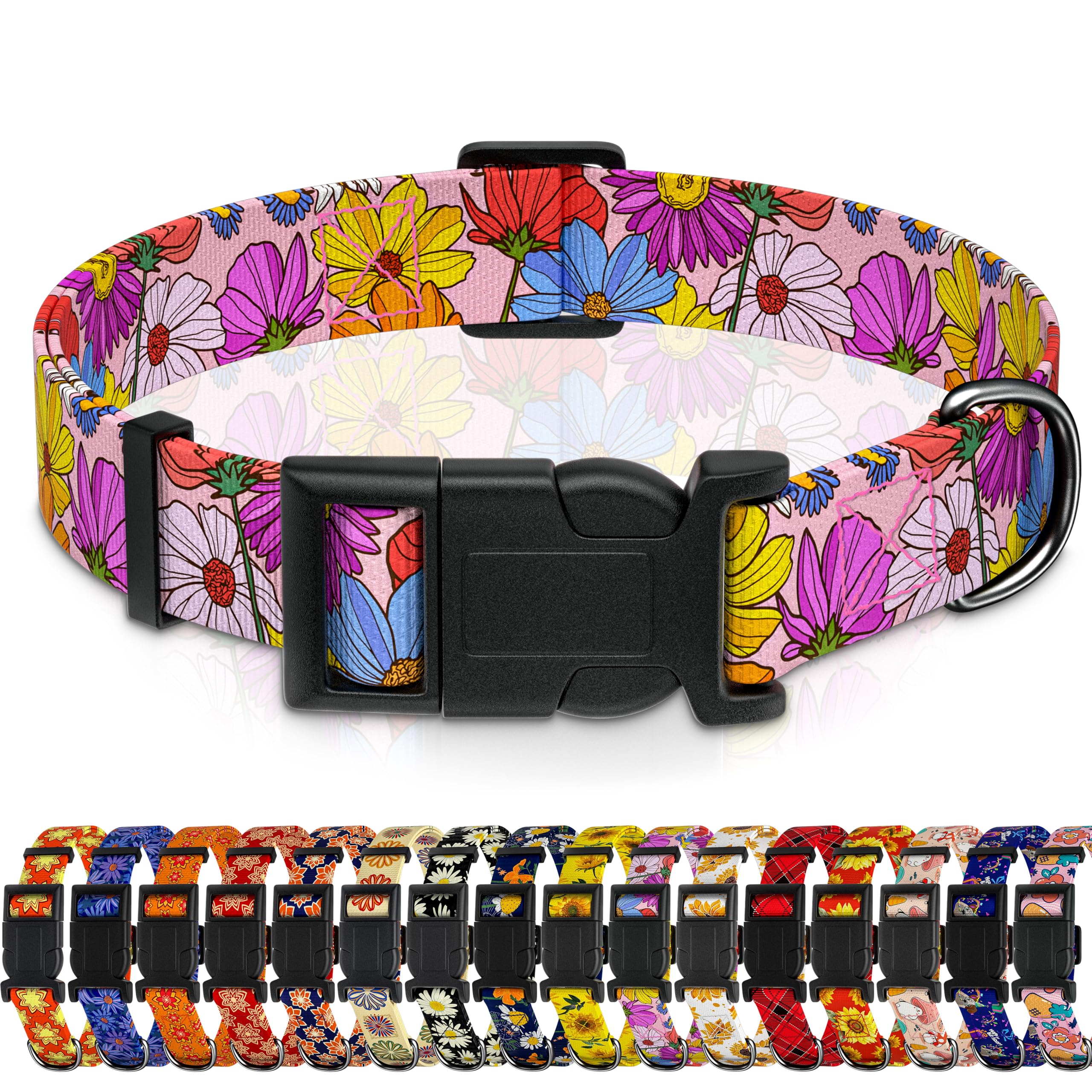 Seyezo Dog Collar, Pink Floral Boys Girls Puppy Collar for Small Medium Large Dogs, Adjustable Soft Floral Pet Collar with Safety Buckle for Male