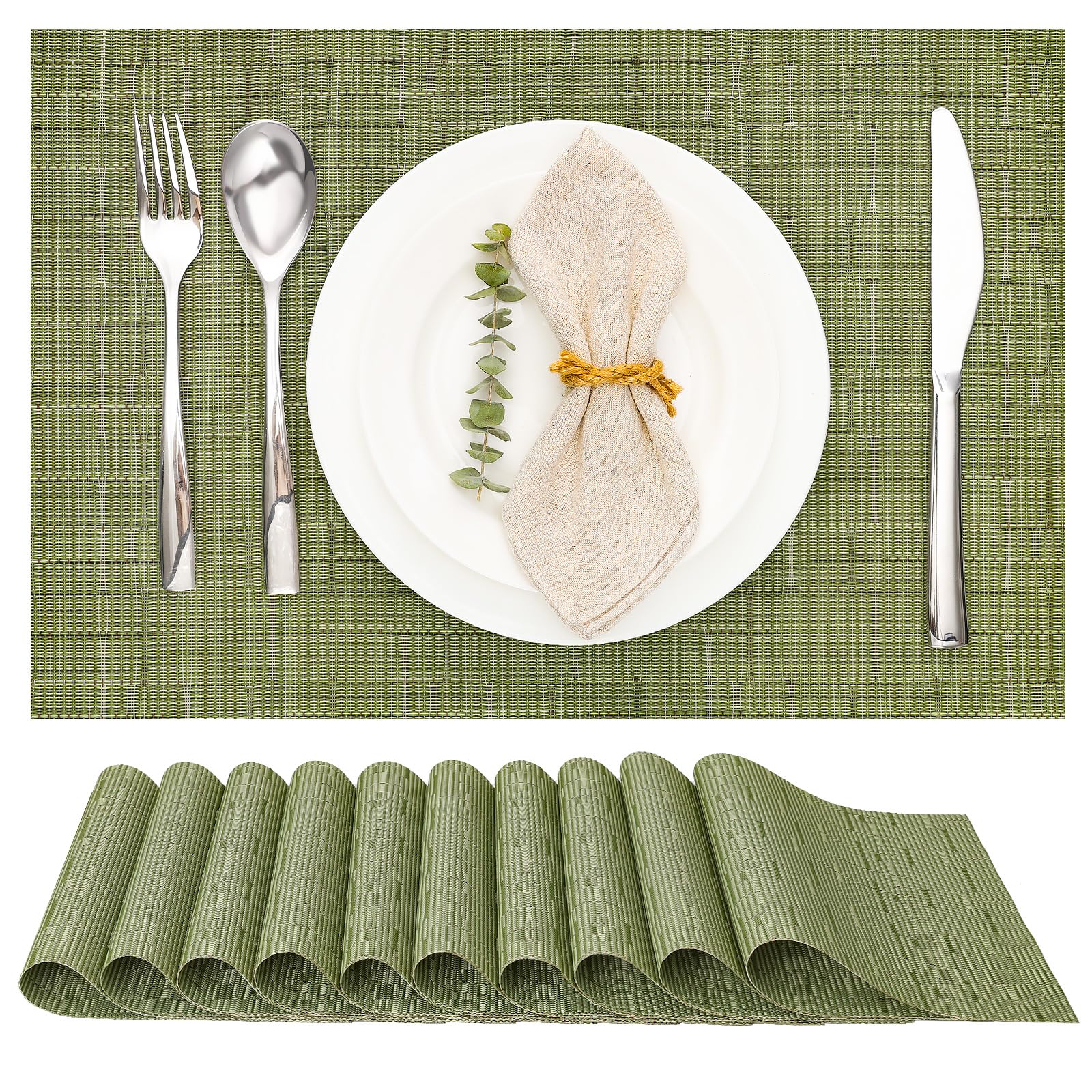 Myir JUN Table Mats Set of 10, Place Mats Table Placemats Washable Non-slip Heat Insulation Woven Vinyl for Kitchen Dinning Restaurant 17"X12" (Green)