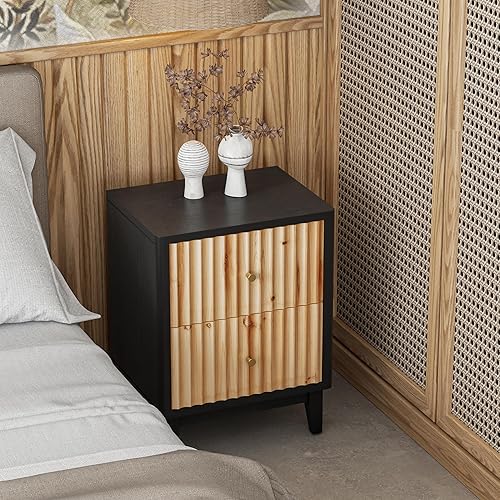 Miniatura 5 de Mesita de noche de granja de 2 cajones, mesa auxiliar de noche envejecida con patrón de ondas verticales 3D hecho a mano, para dormitorio, sala de